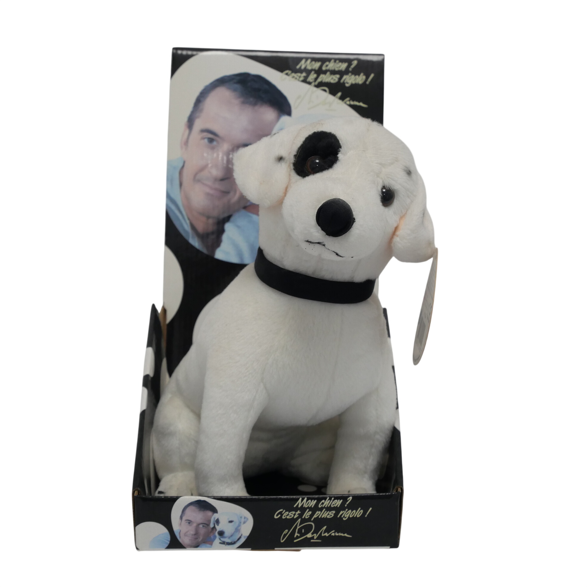 Peluche du Chien Blanc Cocarde noir-de Christophe Dechavanne - "Mon Chien ? C’est le plus rigolo !" Bon état -  reconditionné disponible sur Label Emmaüs
