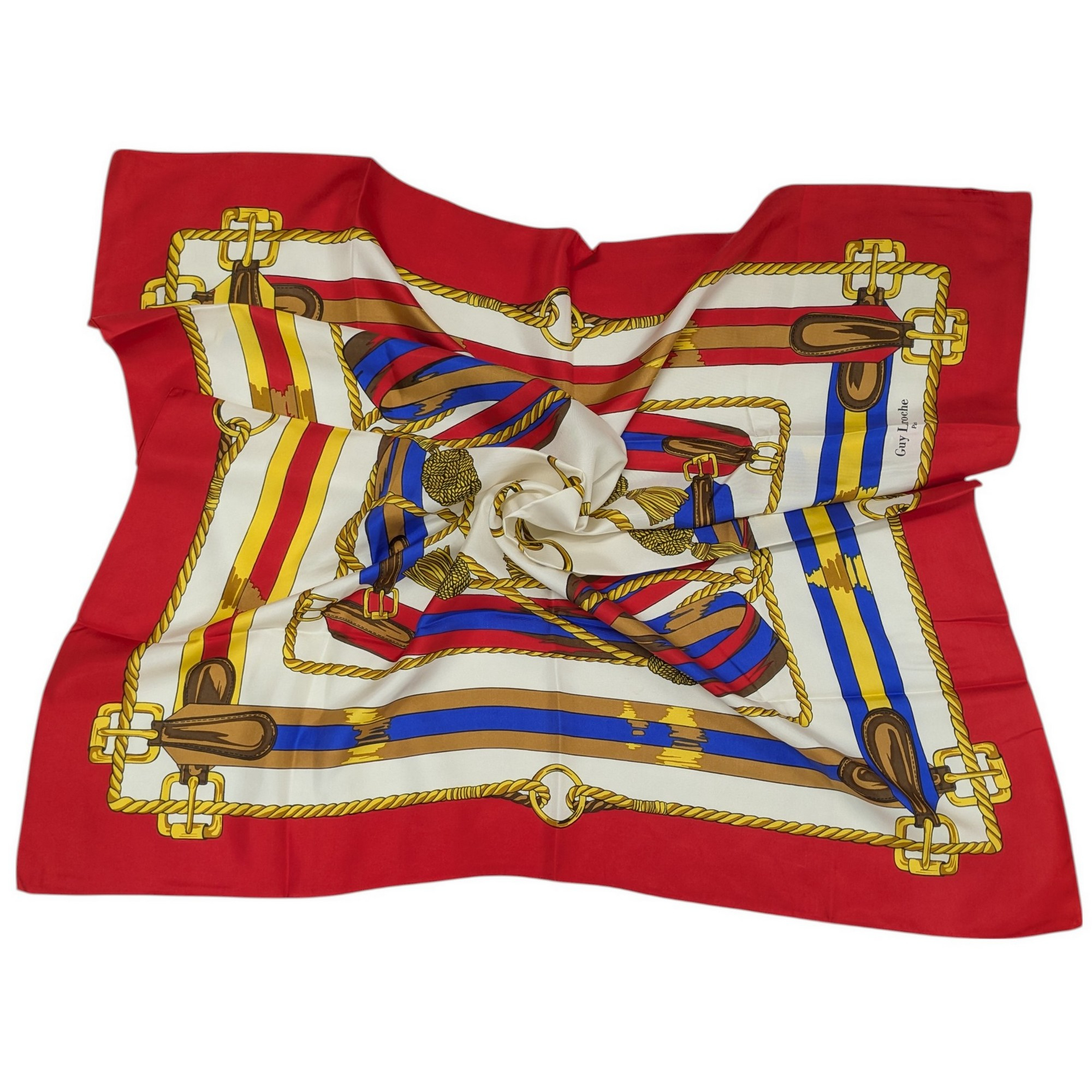 Foulard Guy Laroche Paris en soie carré imprimé rouge et or motif sellerie - Photo 2
