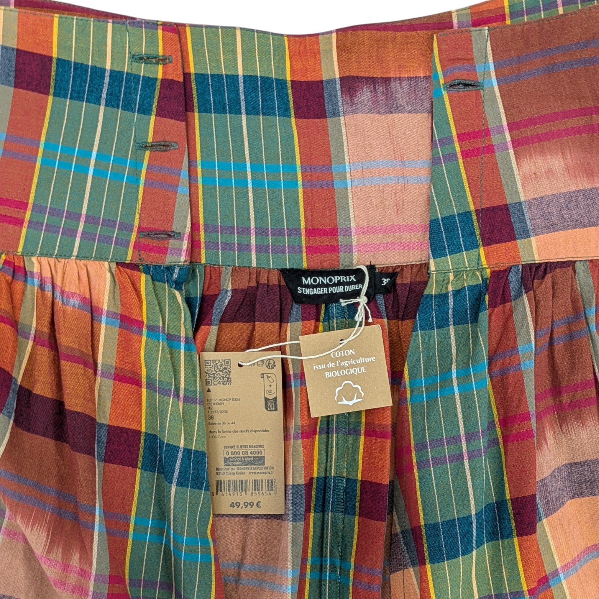 Jupe neuve Monoprix T 38 portefeuille évasée à carreaux madras - Comme neuf - Photo 2