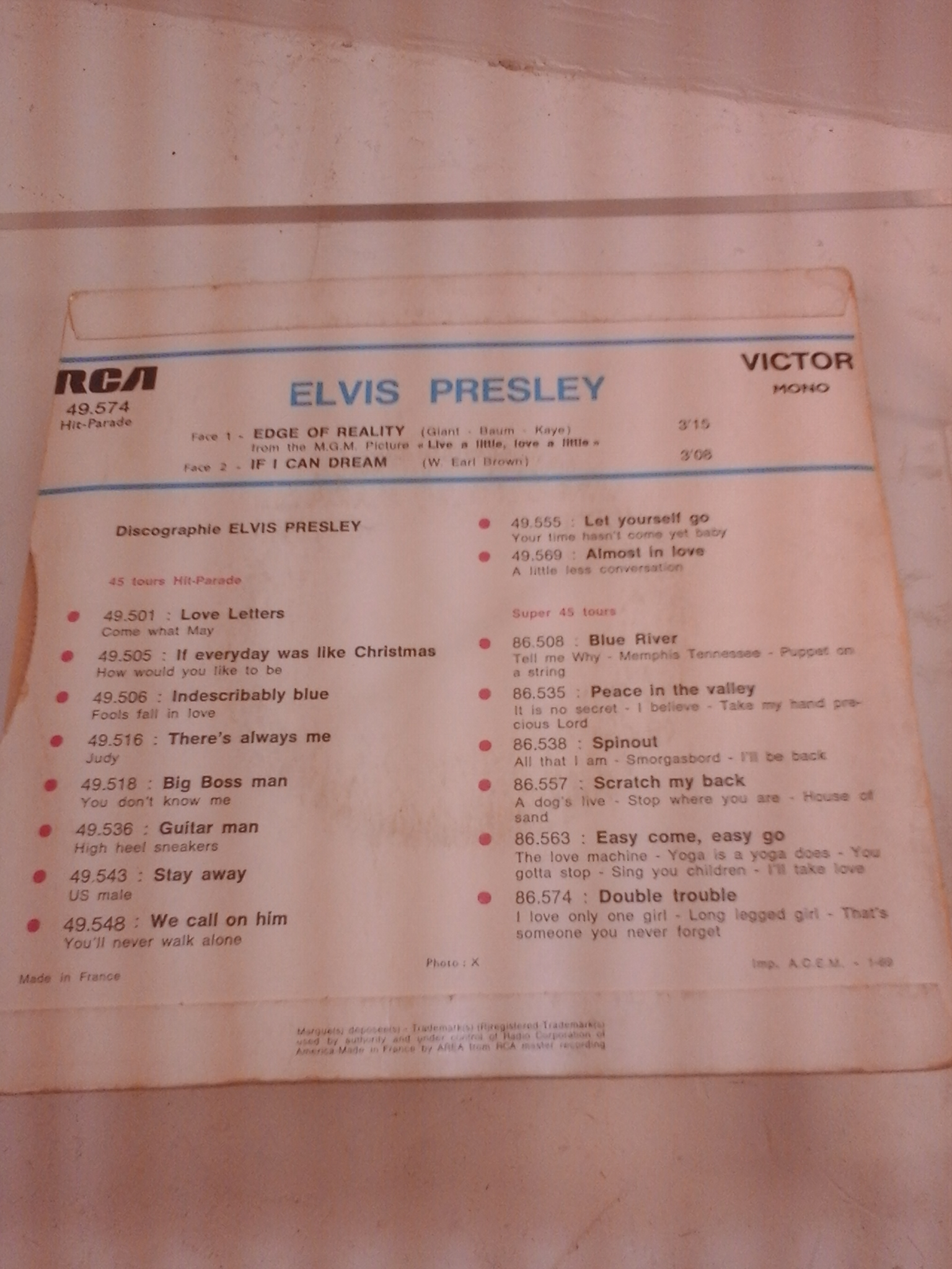 Disque 45T Elvis Presley 45T - ELVIS PRESLEY-If I Can Dream-Picture Sleeve Only-RCA VICTOR #47-9670-Rockabilly Bon état - Vue 2 - 