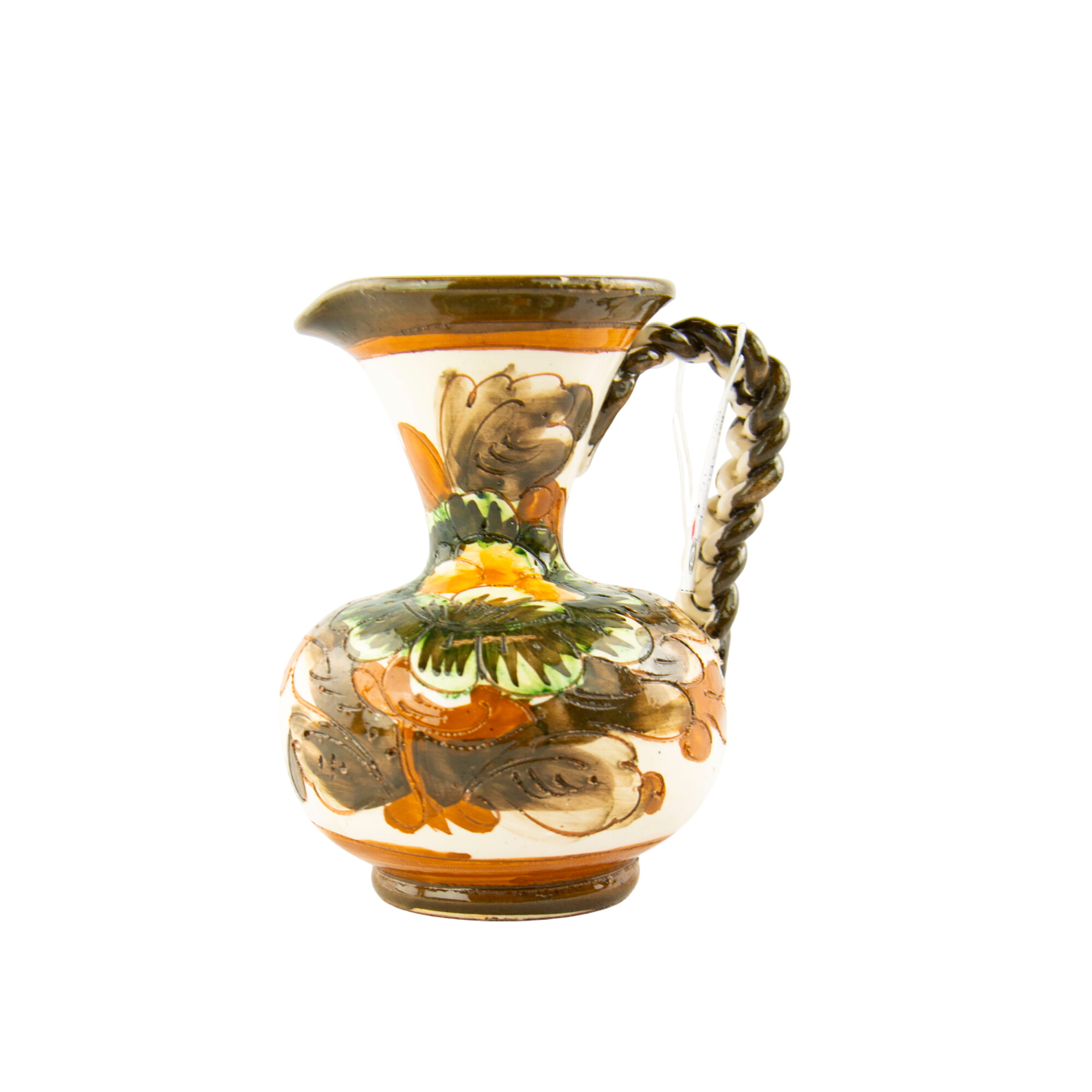 Pichet en céramique sculptée à motifs de fleurs avec anse tressée Bon état -  reconditionné disponible sur Label Emmaüs