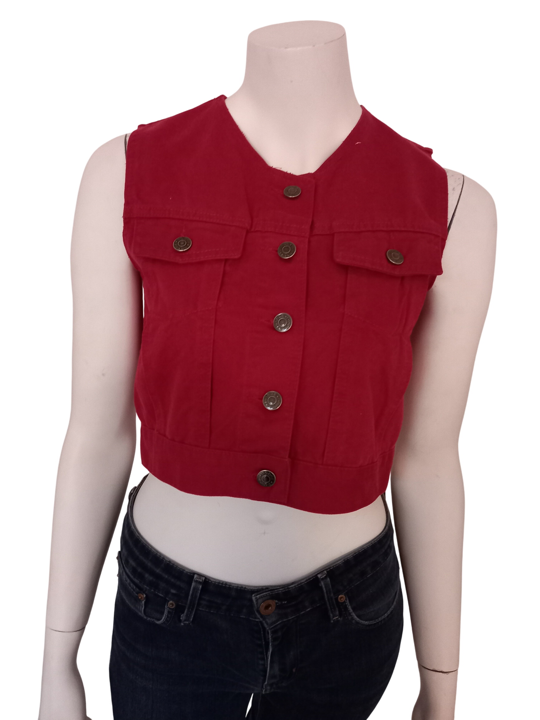 Veste en jeans sans manche rouge "Dodge"  -  reconditionné disponible sur Label Emmaüs