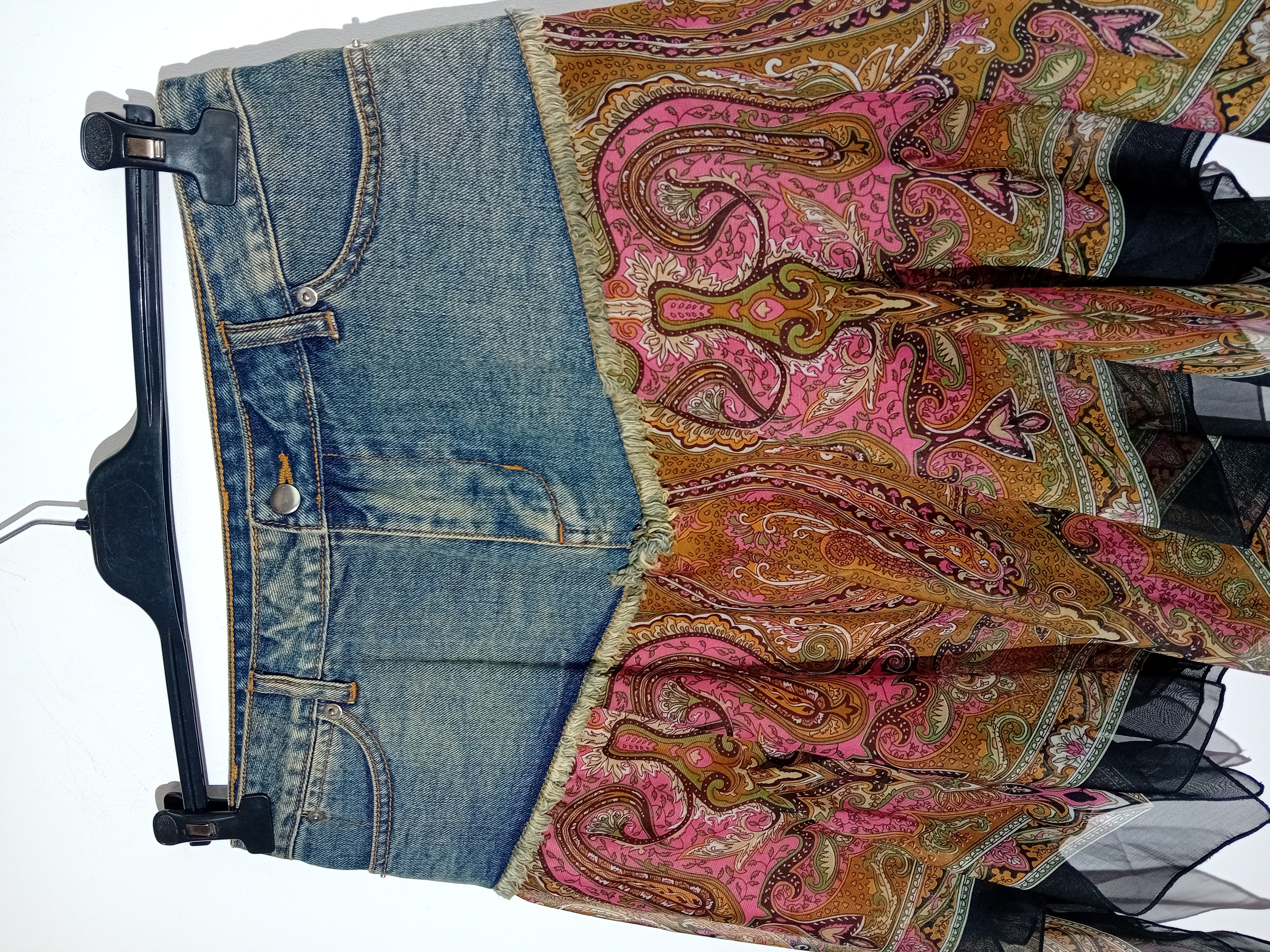 Jupe Topstudio En Jean Délavé Et Voile Imprimé Cachemire M (T4981) Très bon état - Vue 3 - 