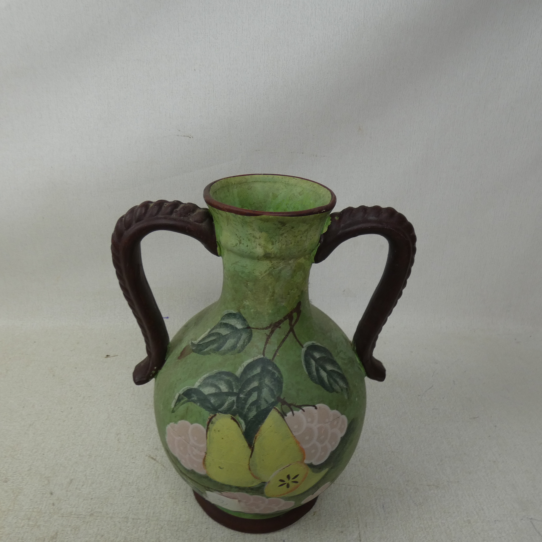 Vase/Cruche en Terre Cuite Forme Amphore(Ansé) Vintage Décor Fruits  - Vue 2 - 