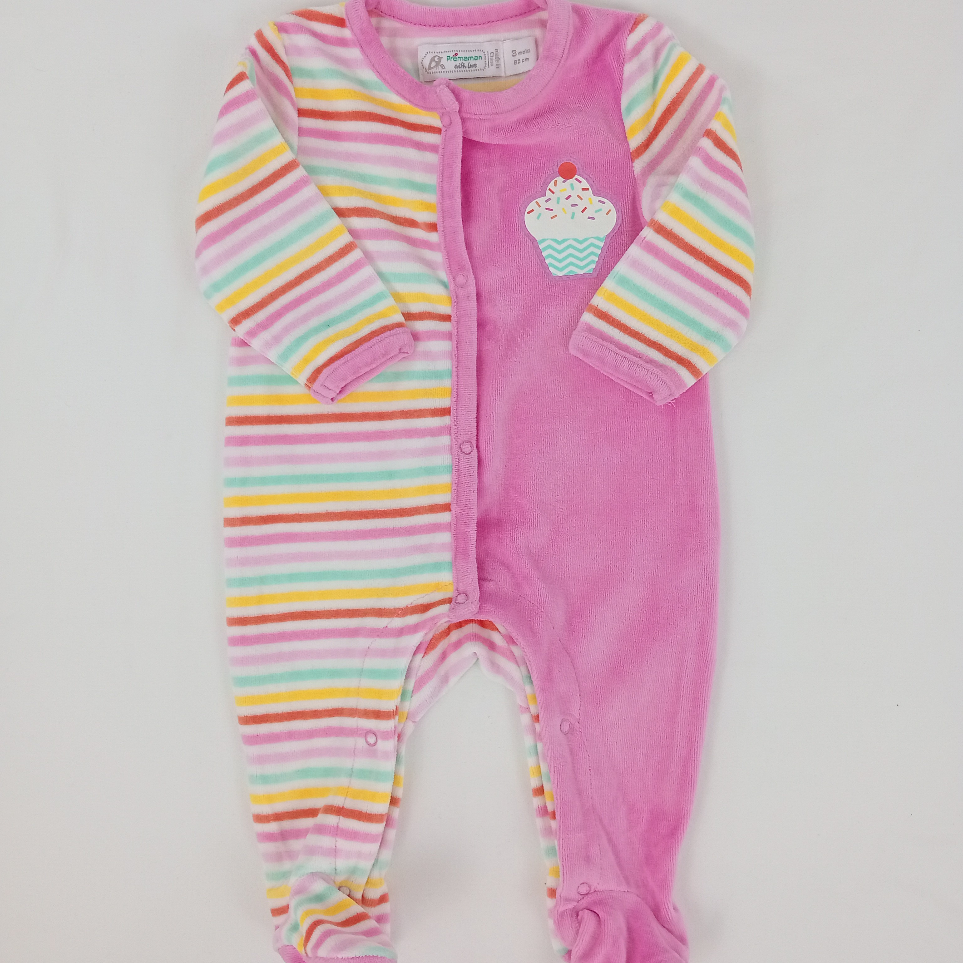 Pyjama bébé fille à rayures de la marque Premaman with love manches longues de couleur rose et blanc taille 60 cm (3 mois) - Photo 2