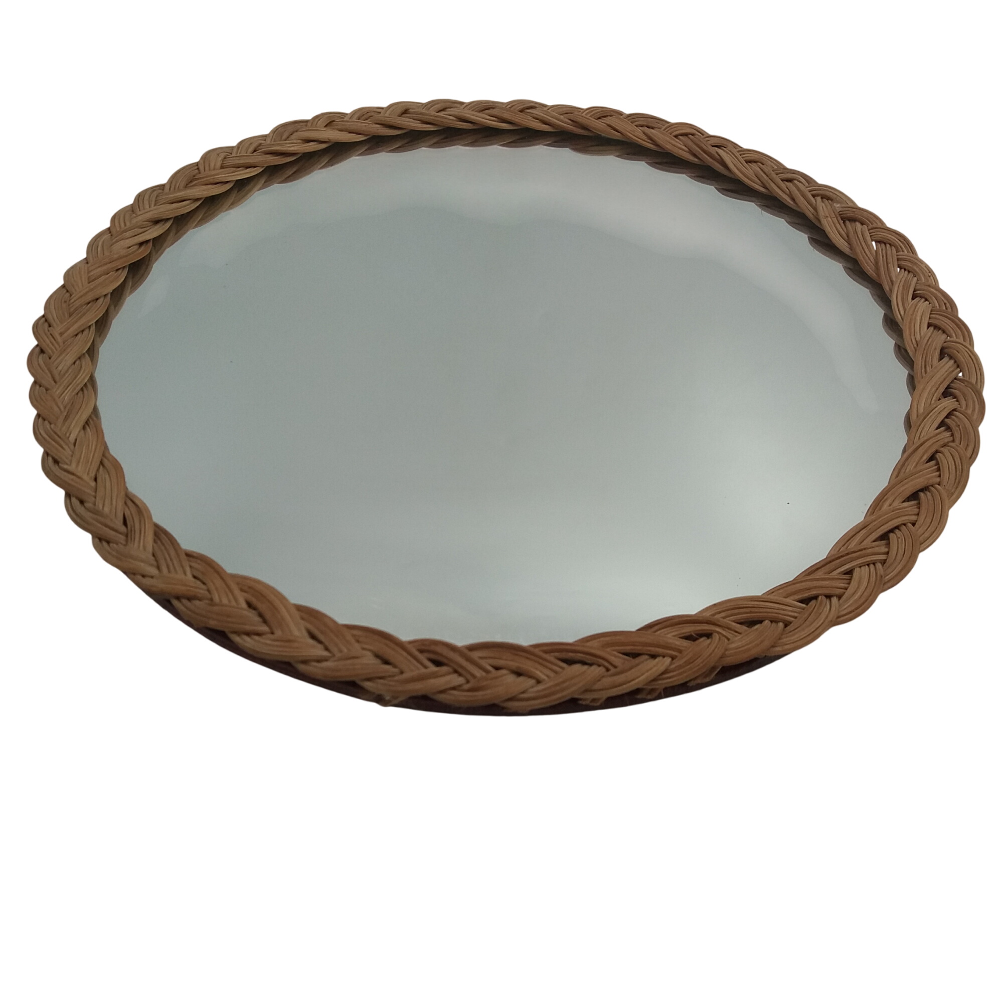 Miroir rond vrai vintage. 31 cm. Rotin tressé. Attache et bois au dos. - Photo 0