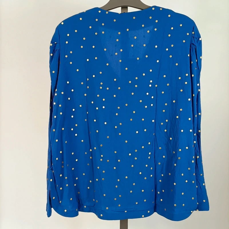 Blouse bleue à pois dorés Karl Marc John col V fluide élégante taille S Comme neuf - Vue 5 - 