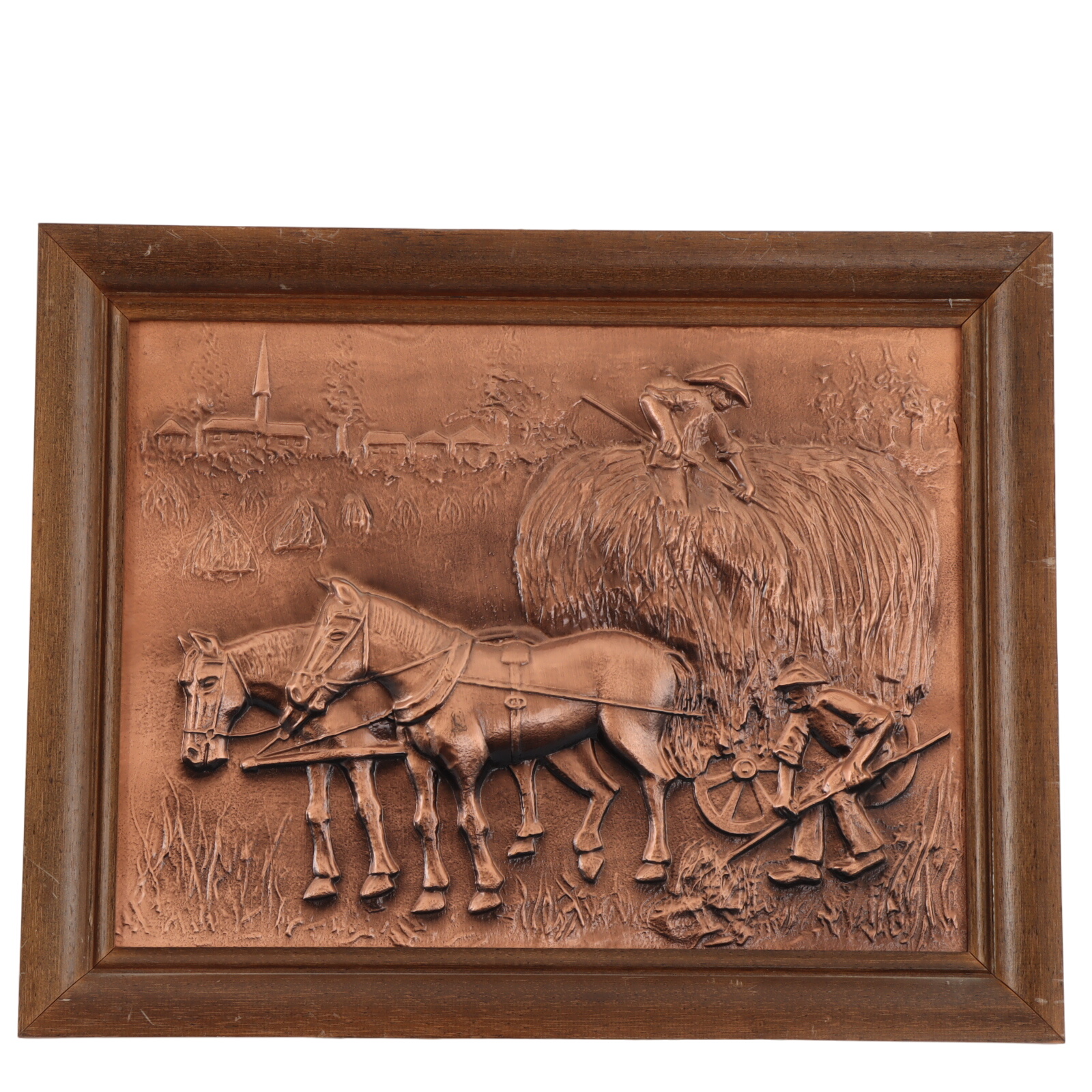 Plaque en cuivre en relief - scène champêtre chargement du foin - Photo 0