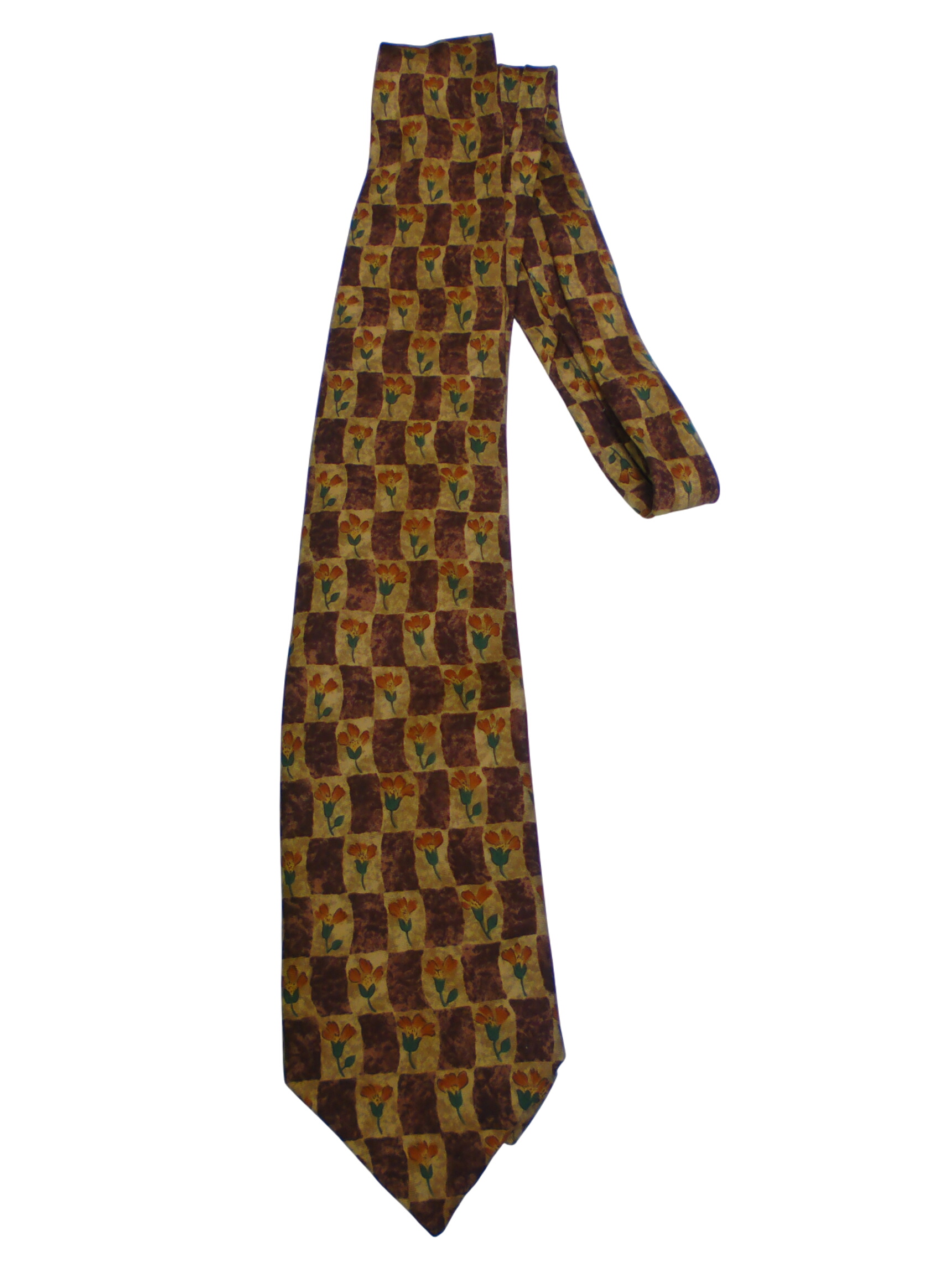 Cravate Marks et spencer St Michael, marron avec motifs à fleurs sur fond beige, 100% Soie - Photo 0