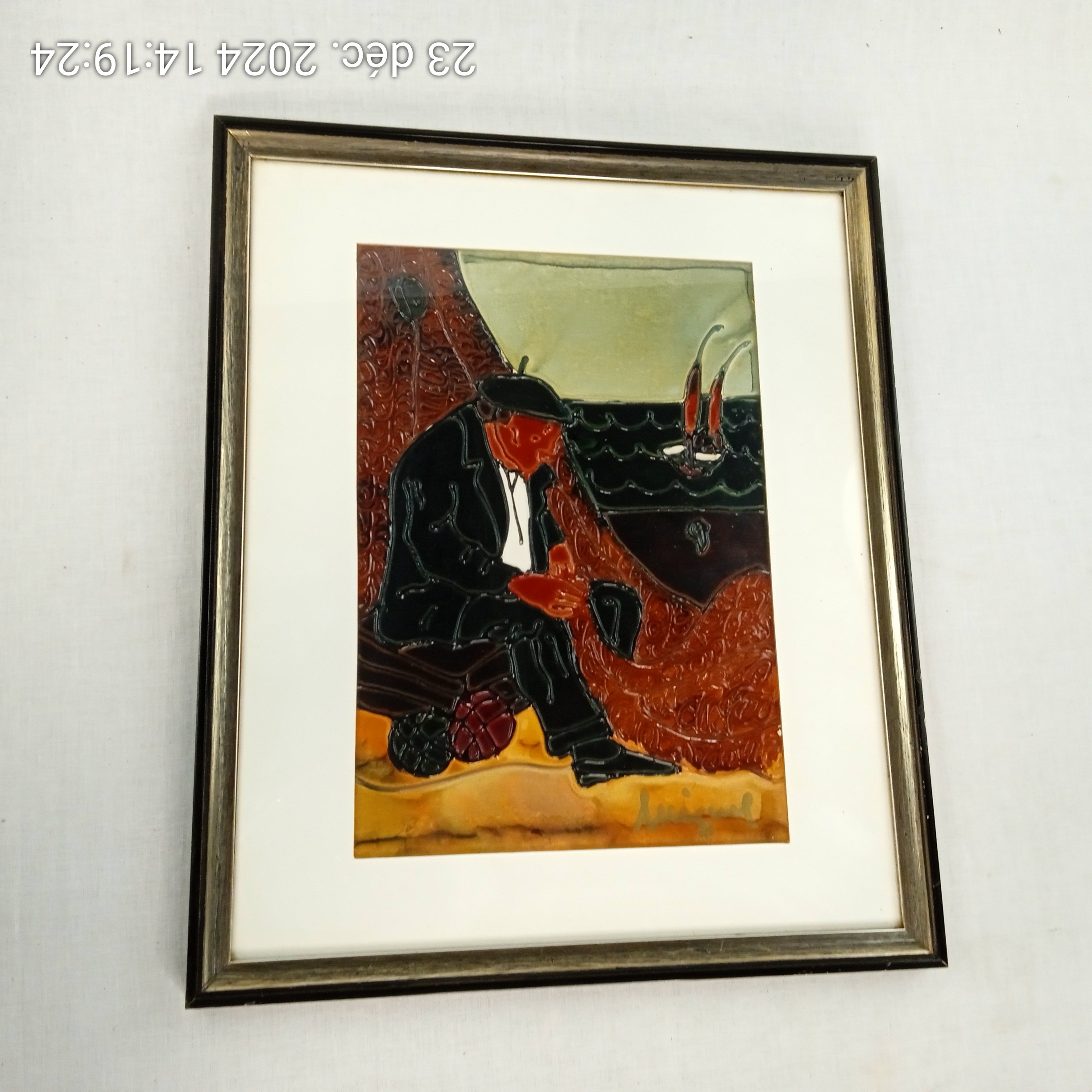 Tableau métal La Pêche relief signée 42x35 cm - Bon état - Photo 4