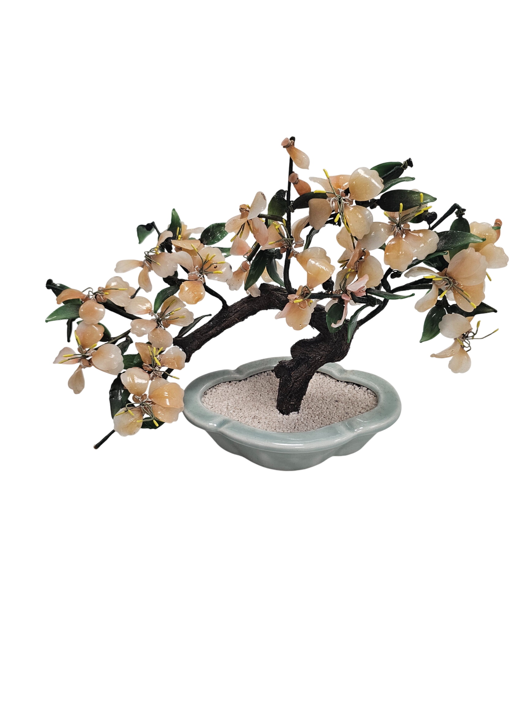 Bonsaï en verre vintage. Plante artificielle à fleurs rose pêche, Faux bonsaï décor oriental asiatique - Photo 0