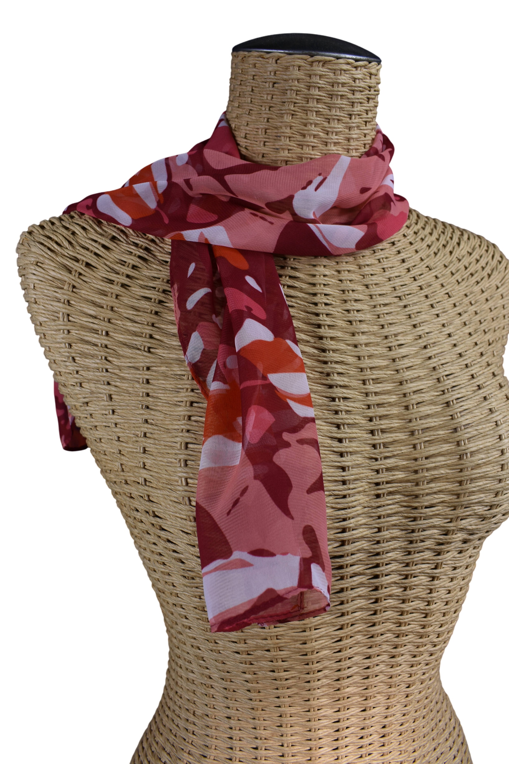 Echarpe en mousseline RODIER rouge à motifs (100 X 20 cm) et carré de soie vert roulotté main ( 84 X 88 cm.)  -  reconditionné disponible sur Label Emmaüs