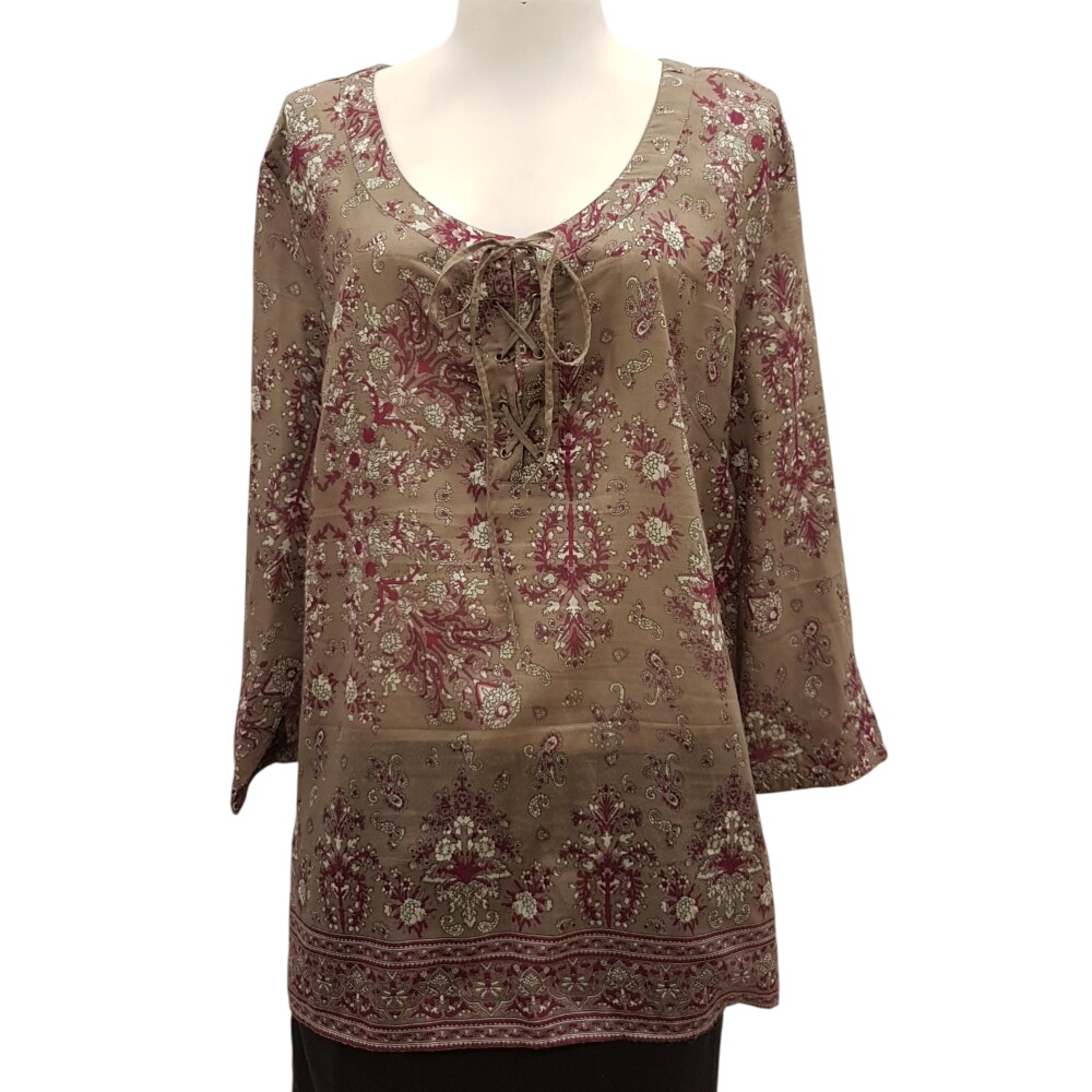 Blouse taupe à fleurs roses, blanches et violettes - ARMAND THIERY - Taille 6 - Photo 0