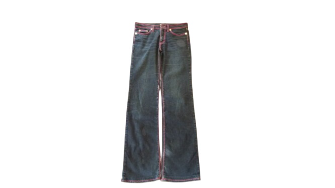 Jeans Versace bleu et coutures rose fuschia pour femme - taille 42  -  reconditionné disponible sur Label Emmaüs