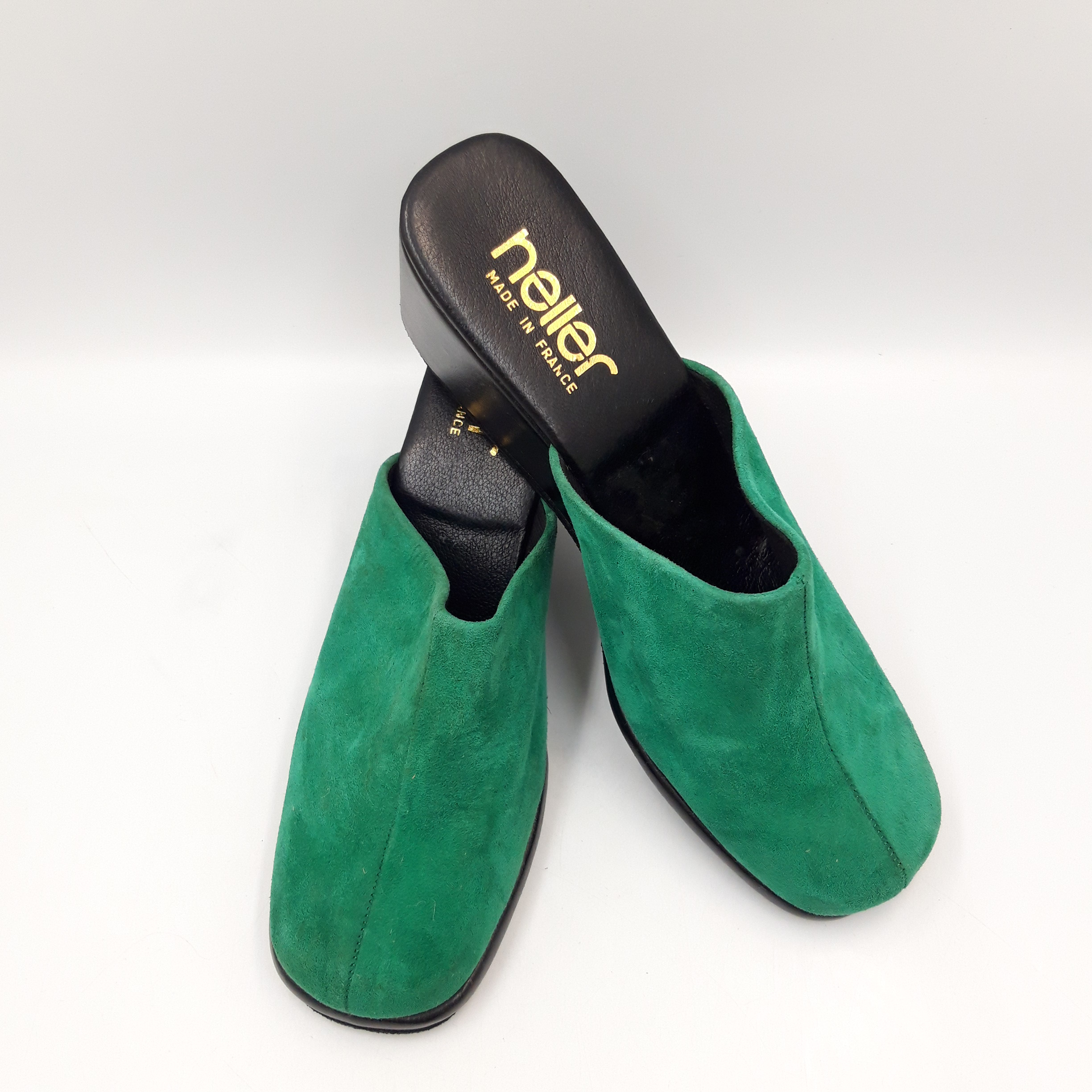 Voir photo 3 de Mules compensées en daim/ cuir vintage HELLER France, pointure 40 Mules compensées en daim/ cuir vintage HELLER France, pointure 40 Très bon état - Vue 3 -
