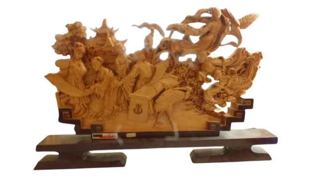 Haut relief Asiatique en bois sculpté sur son support - scène de hérons - Photo 0