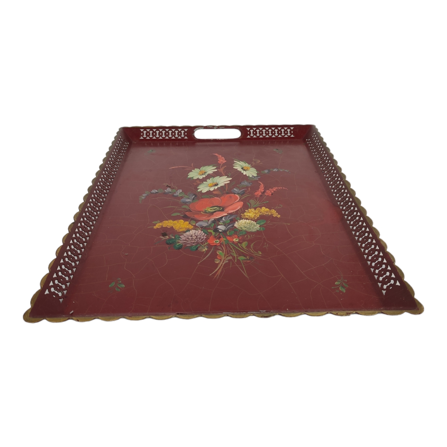 Ancien plateau rectangulaire en métal peint Style Napoléon 3 - fond
