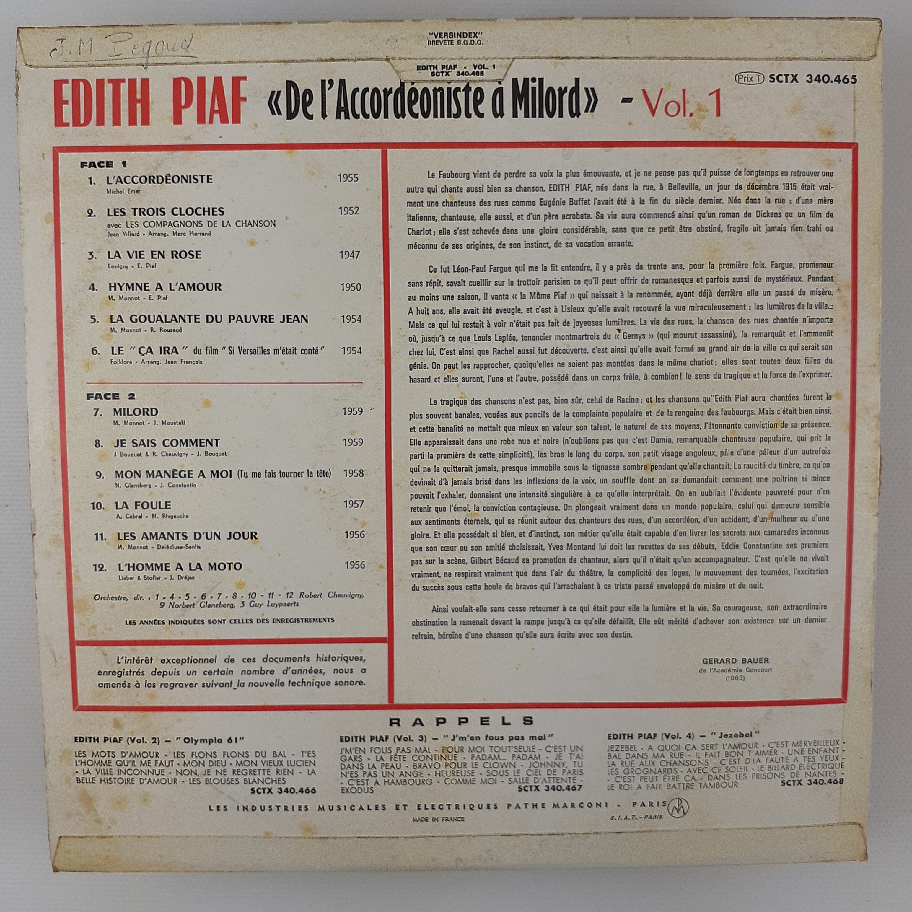Edith Piaf de l'accordéoniste à Milord vol 1 Très bon état - Vue 4 - 