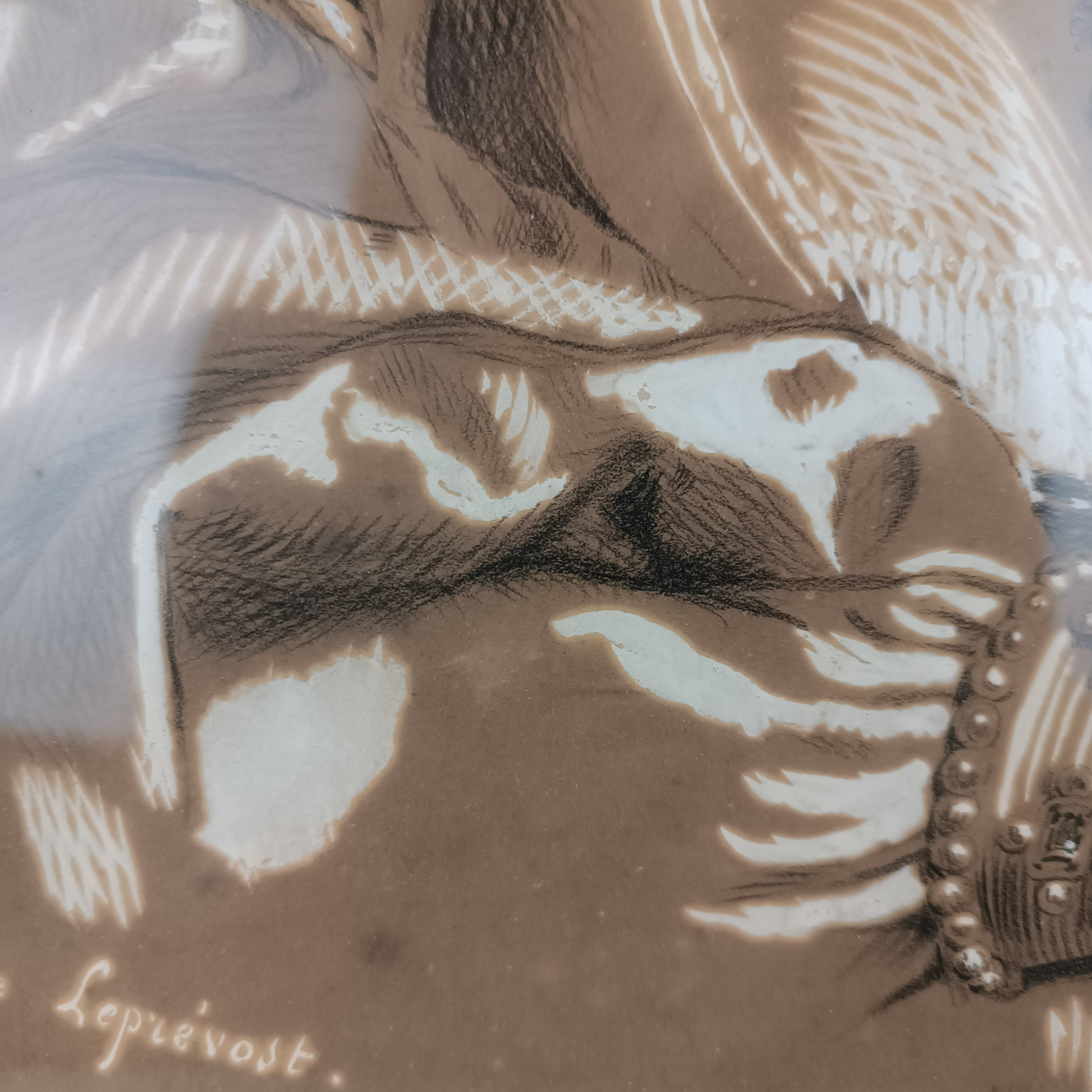 Tableau sous verre avec dessin crayonné et peinture blanche représentant une jeune femme , œuvre de 1870 État correct - Vue 5 - 