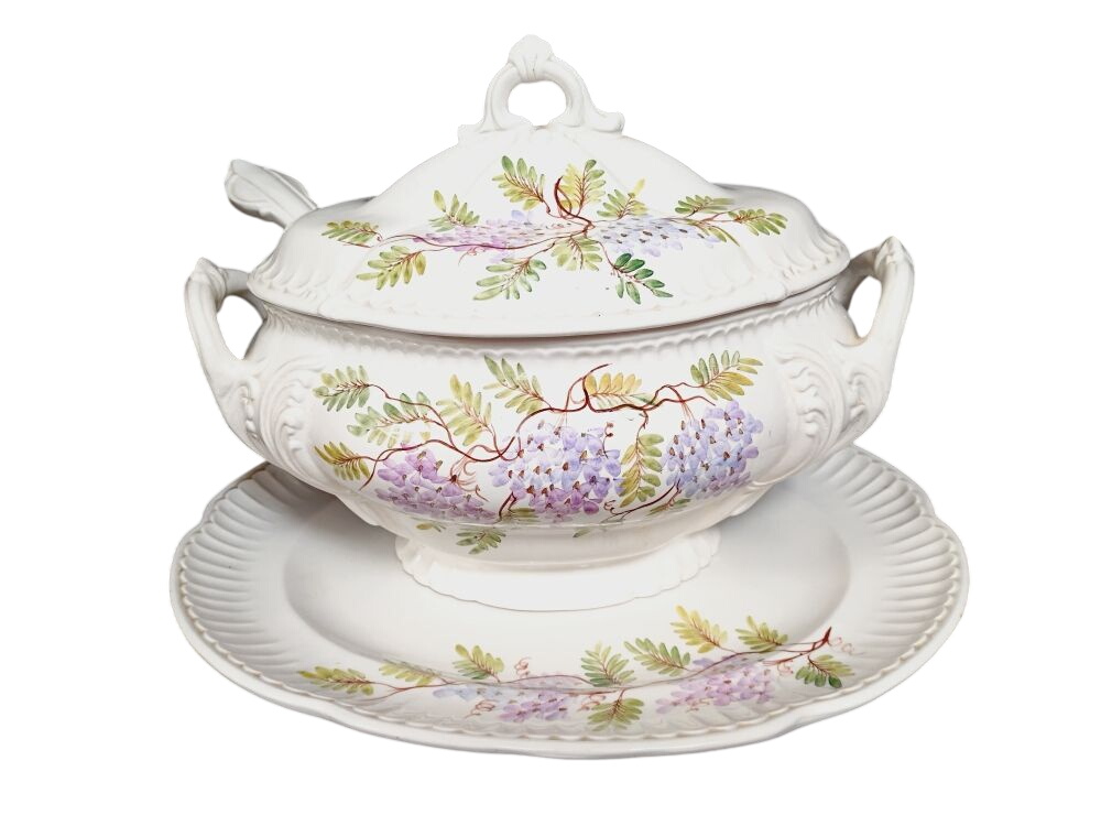 Soupière en céramique italienne à décor floral, avec sa cuillère et son dessous de plat. - Photo 0