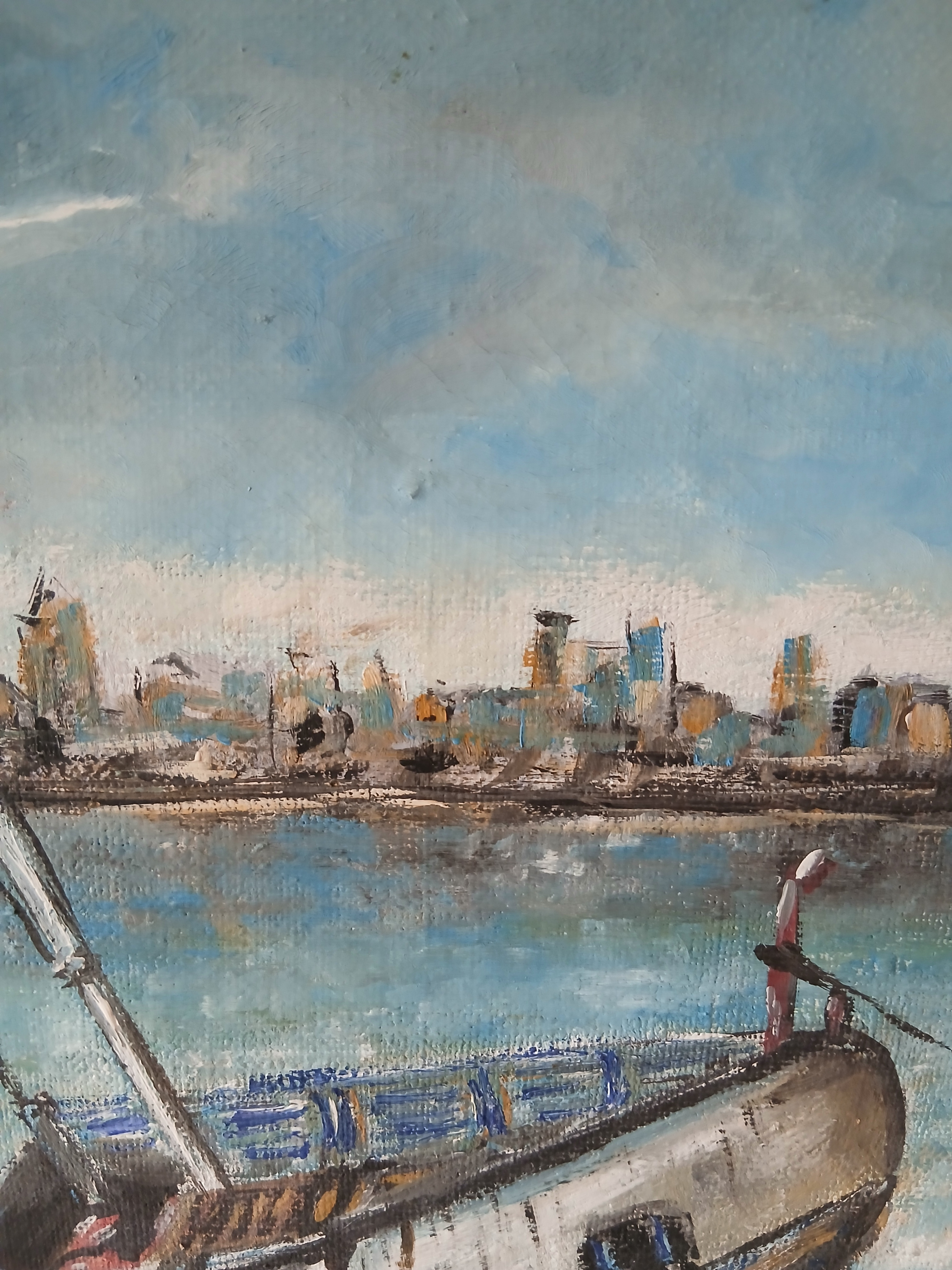 Tableau huile sur toile d'un bateau échoué. Signature à identifier. - Photo 5