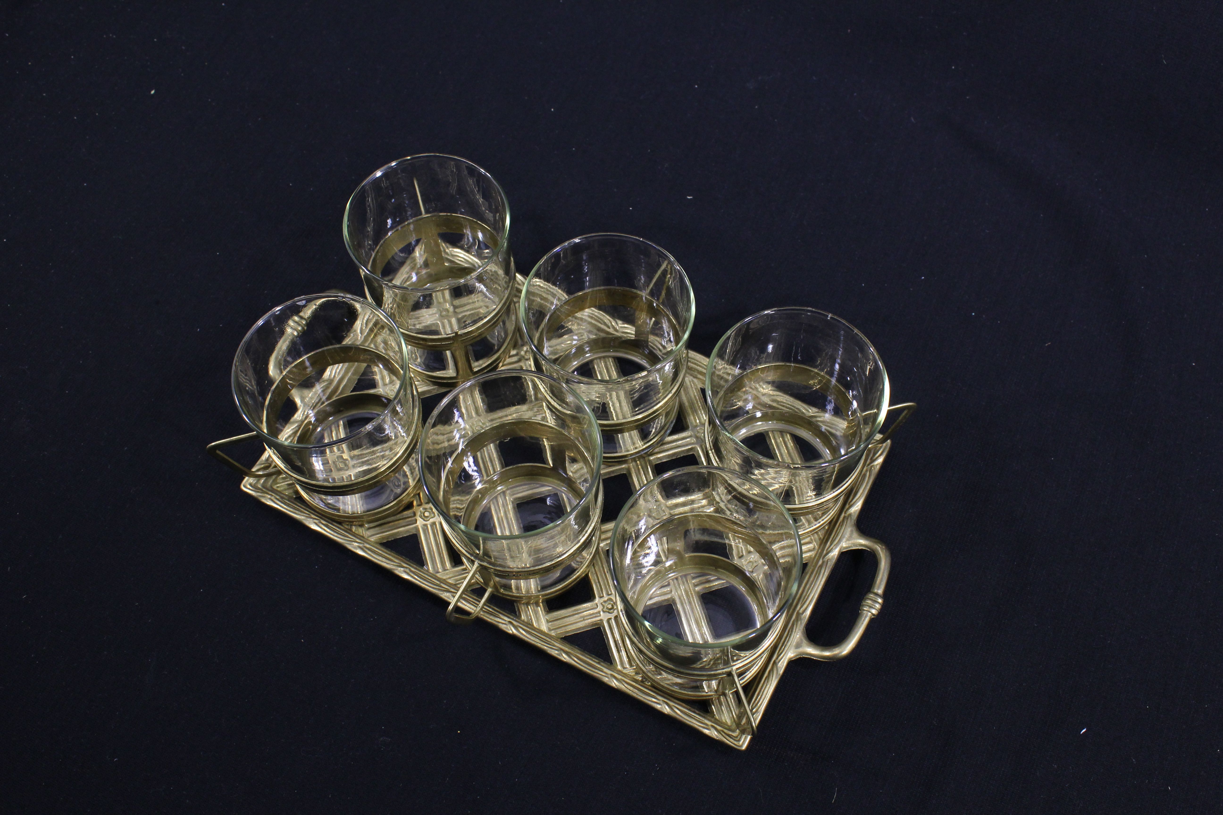 Ensemble de service à thé en verre et laiton + plateau en laiton - Années 70 Bon état - Vue 2 - 