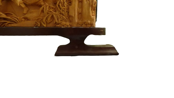 Haut relief Asiatique en bois sculpté et son support - scène de samourais - Photo 1