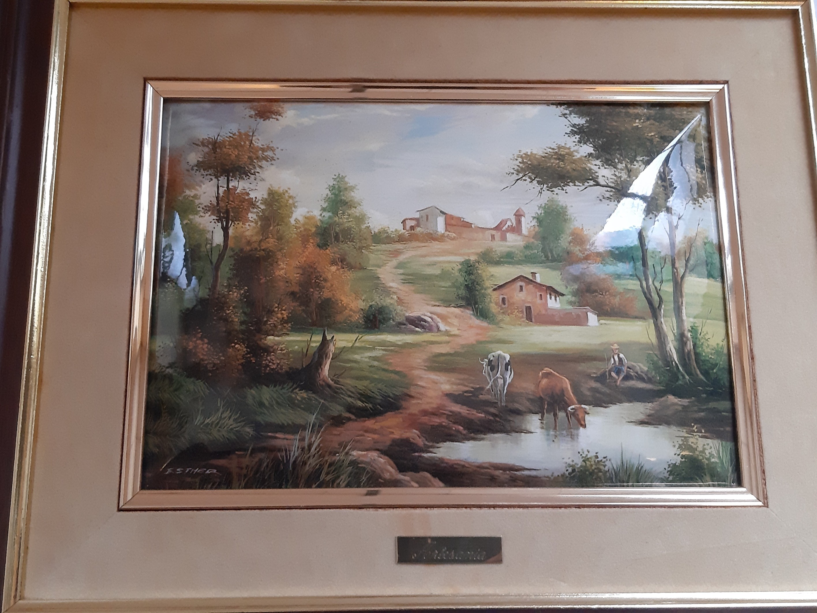 Grand tableau émaux sur cuivre, paysage champêtre, signé ESTHER, vintage - Bon état - Photo 3