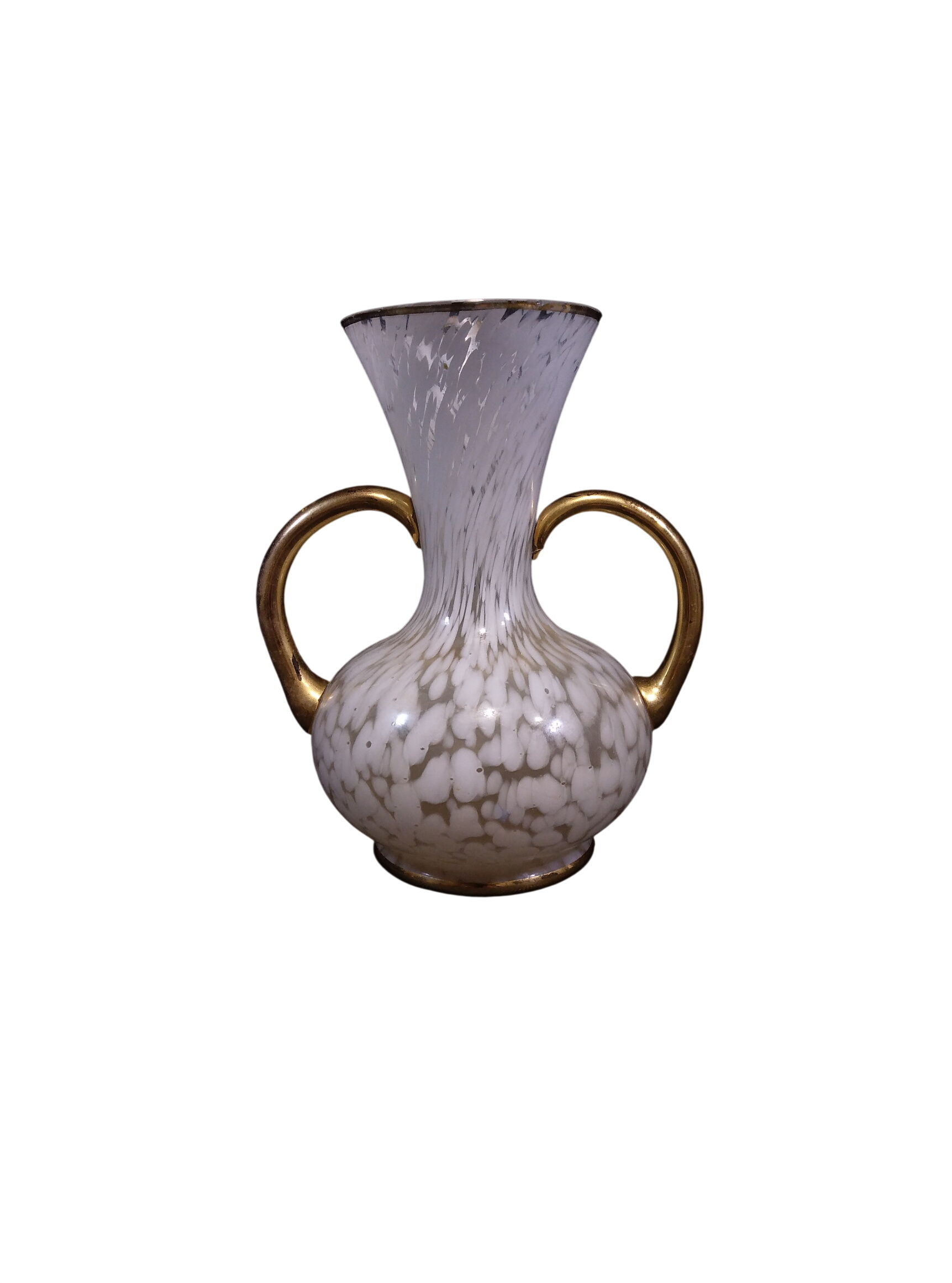 Acheter Vase Vintage blanc moucheté avec anses dorées Bon état - 10,00 € Vase Vintage blanc moucheté avec anses dorées Bon état - reconditionné disponible sur Label Emmaüs