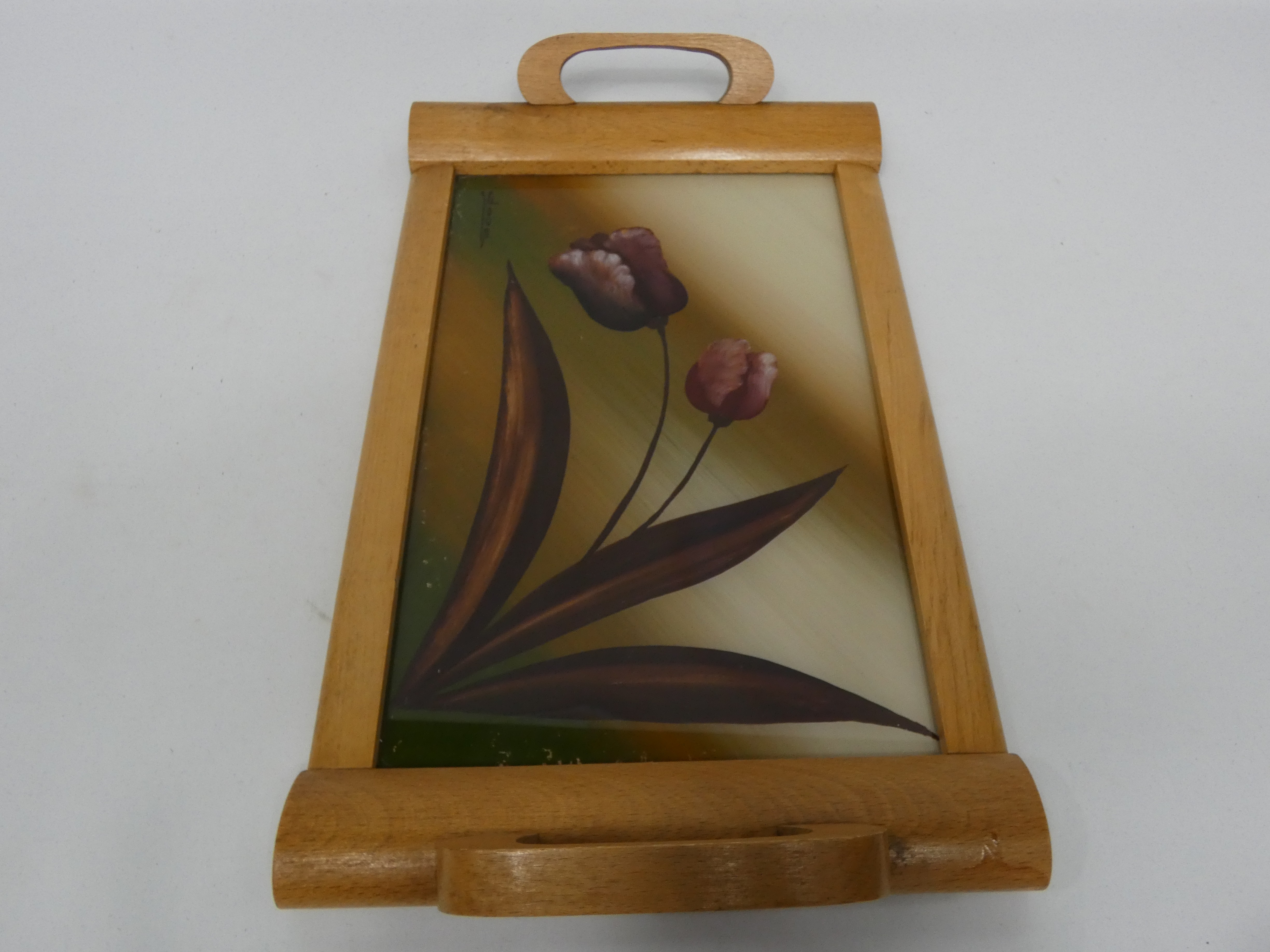 Plateau de service vintage en bois décor tulipe signé DOPE - Photo 1