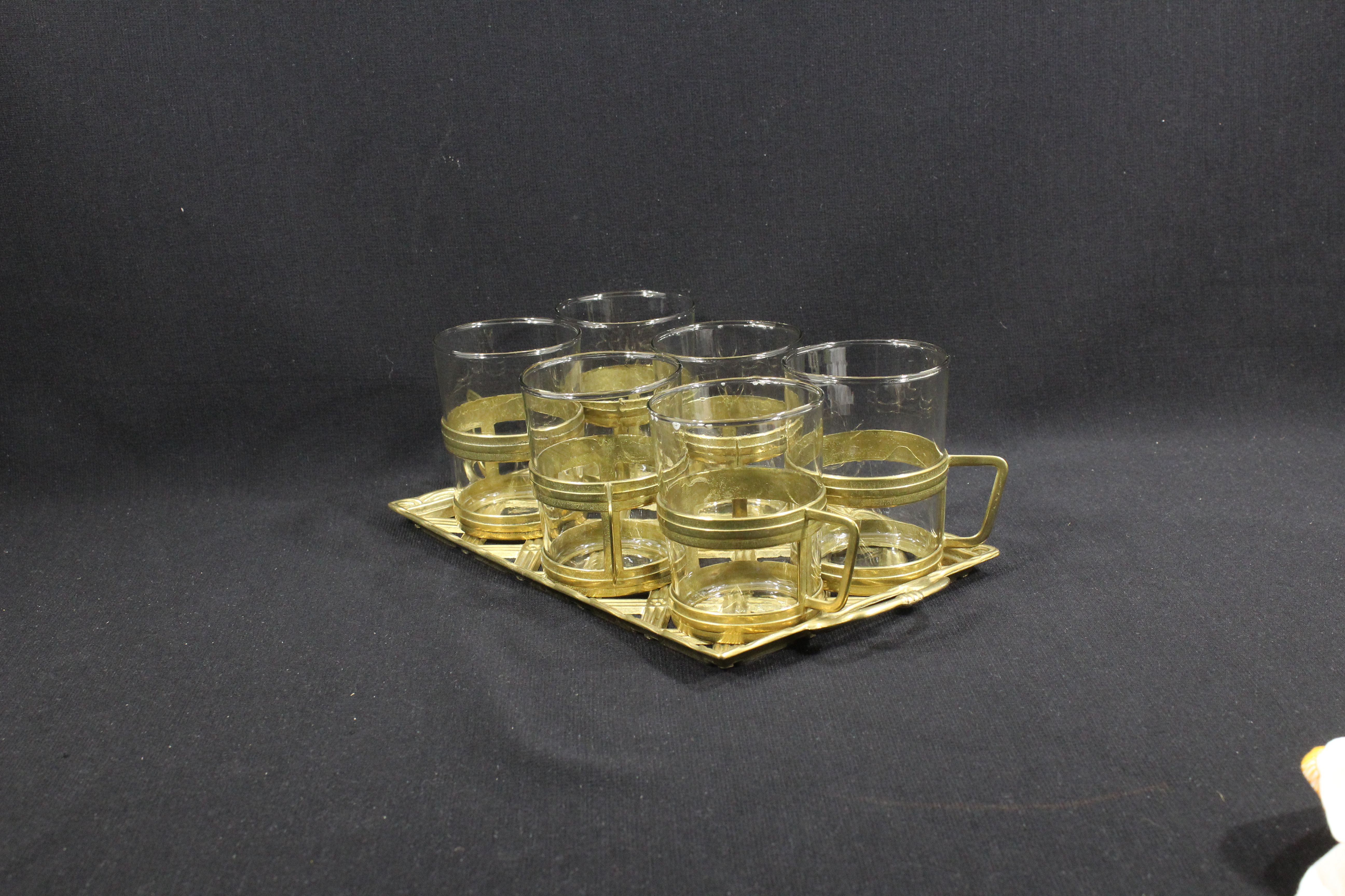 Ensemble de service à thé en verre et laiton + plateau en laiton - Années 70 Bon état - Vue 7 - 