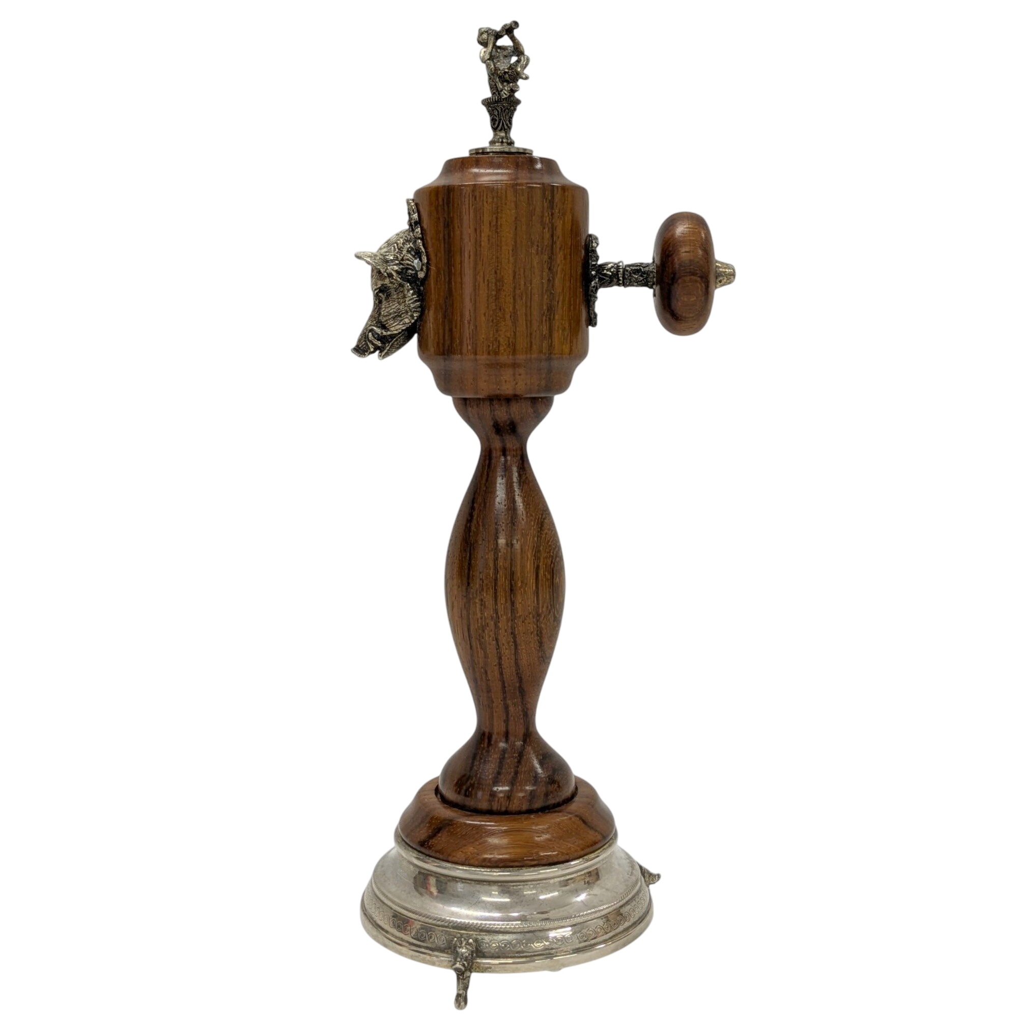Grand moulin à poivre original vintage tête de sanglier et satyre en bois et métal H 29 cm - Photo 0