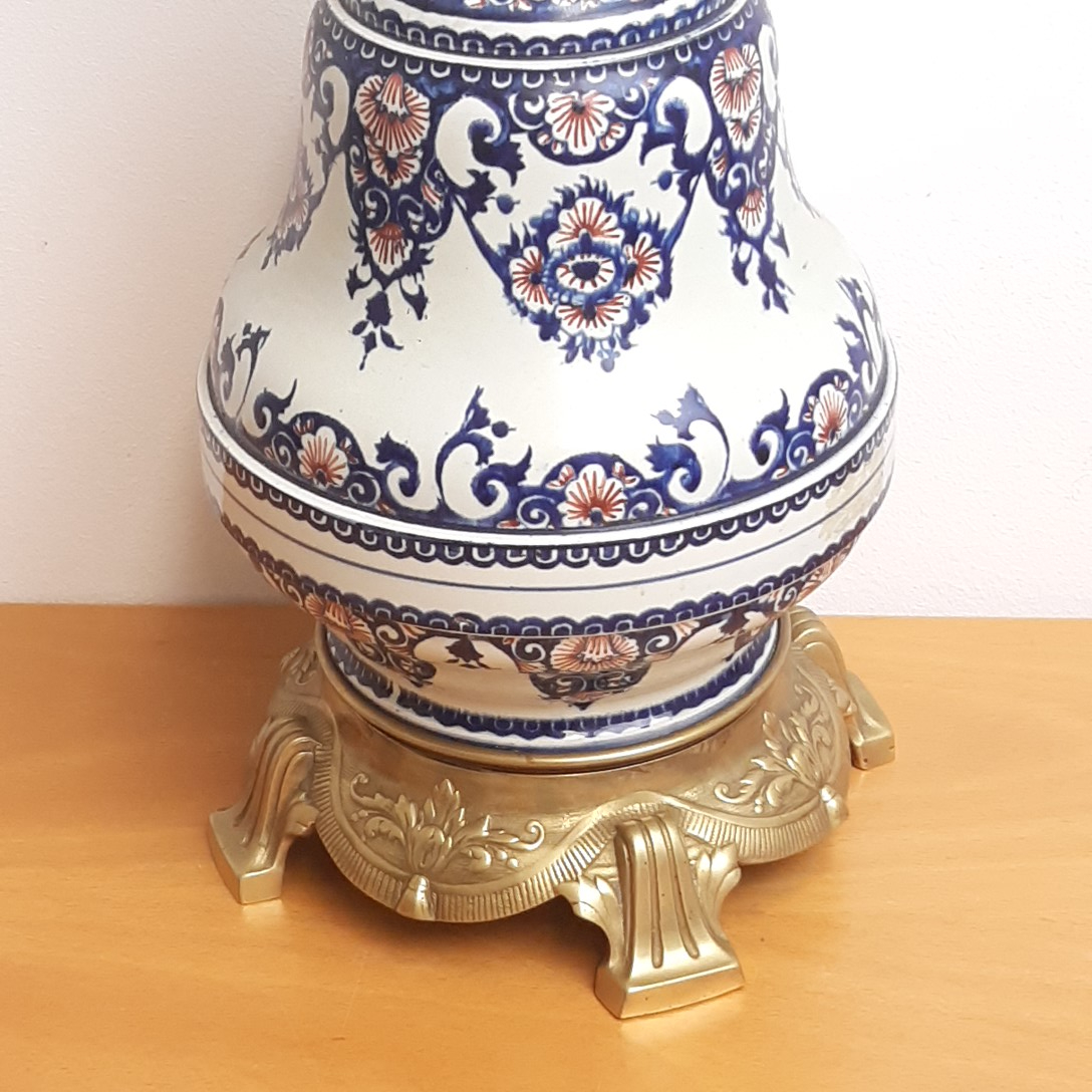 Lampe à pétrole vintage en porcelaine et cristal de bohème signé hinks & son's patent - Photo 3