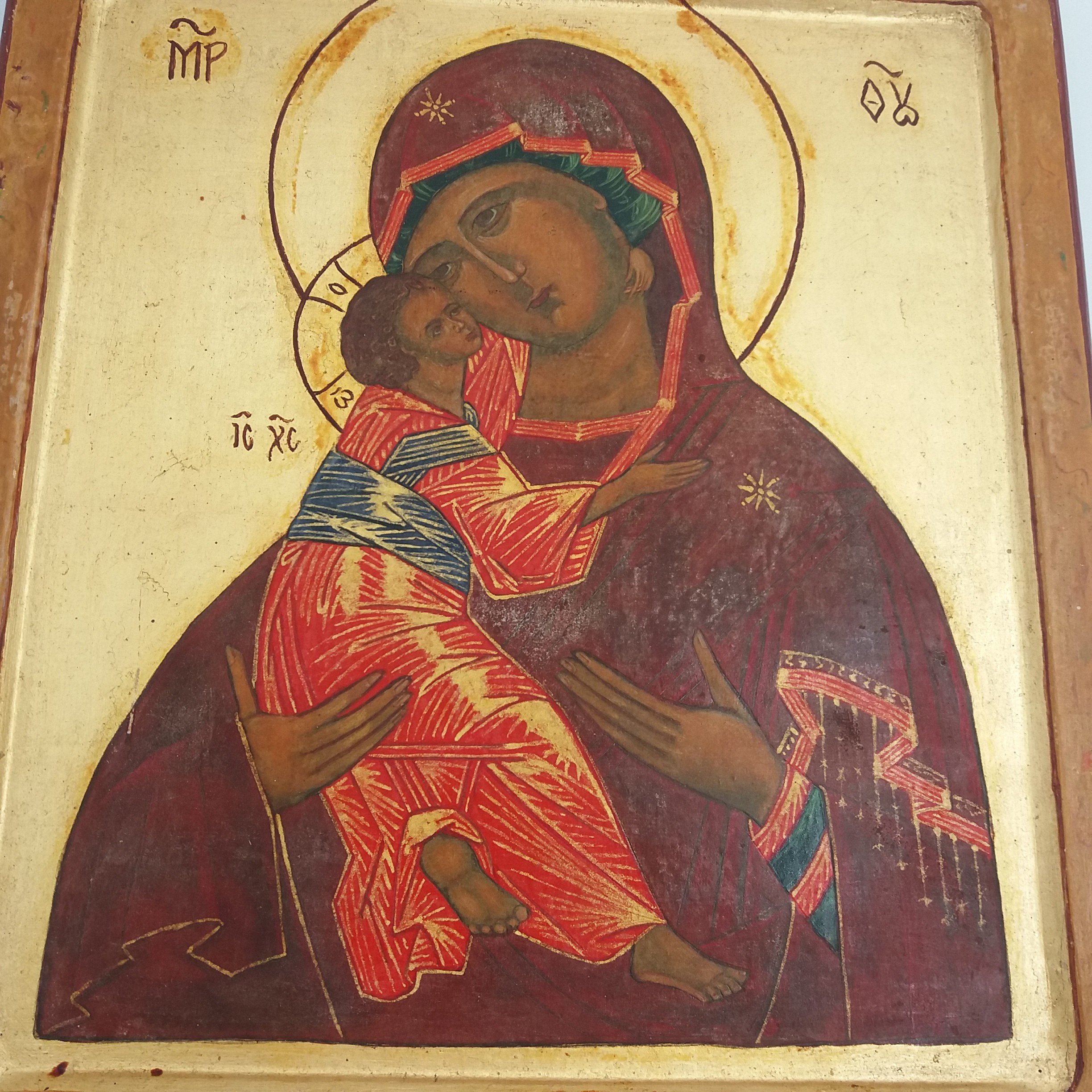 Grande icône orthodoxe « Vierge de la tendresse ». Artisanale. Peinture et dorure à la main sur bois. Polychrome. - Photo 3
