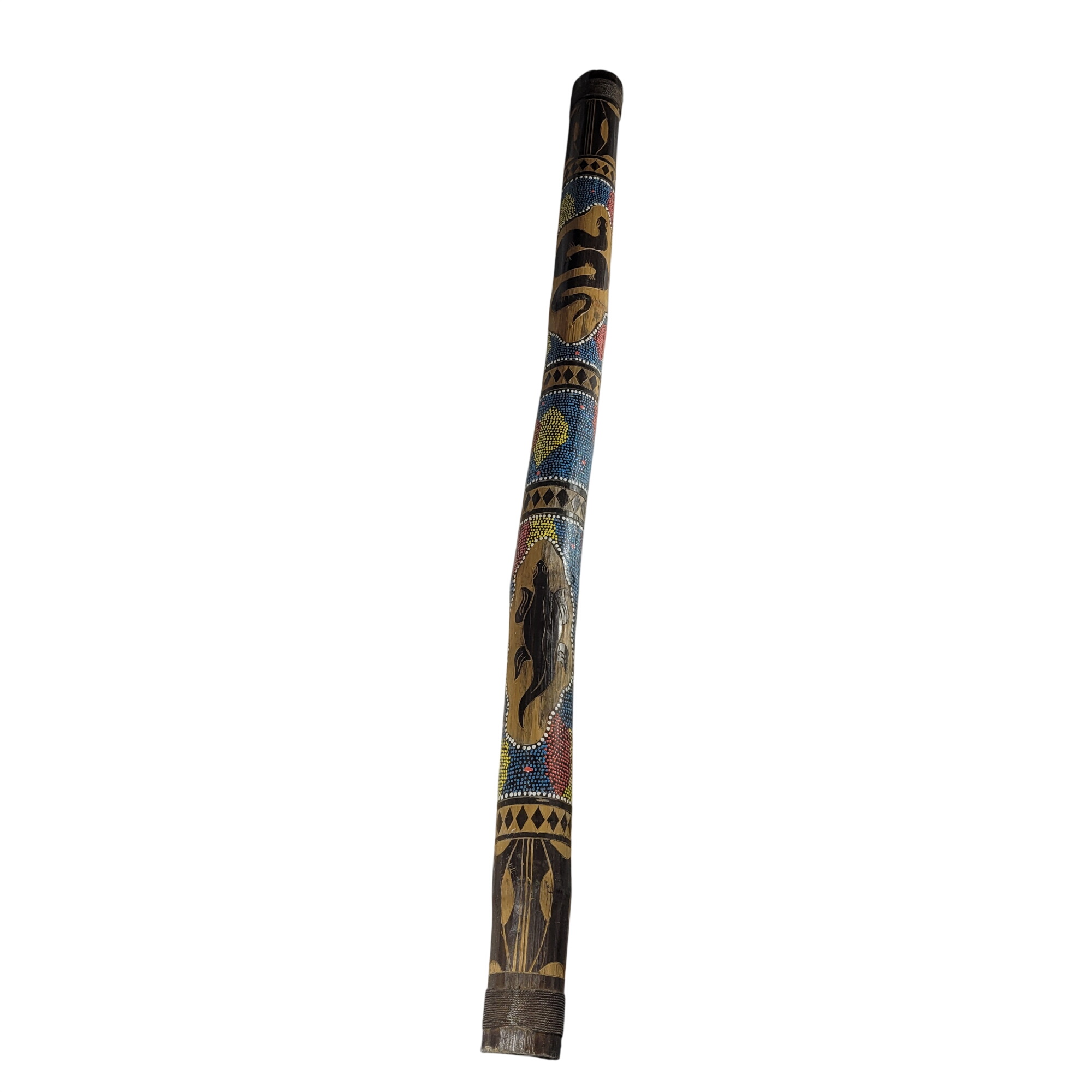 Grand didgeridoo aborigène en bois peint - 117 cm  -  reconditionné disponible sur Label Emmaüs