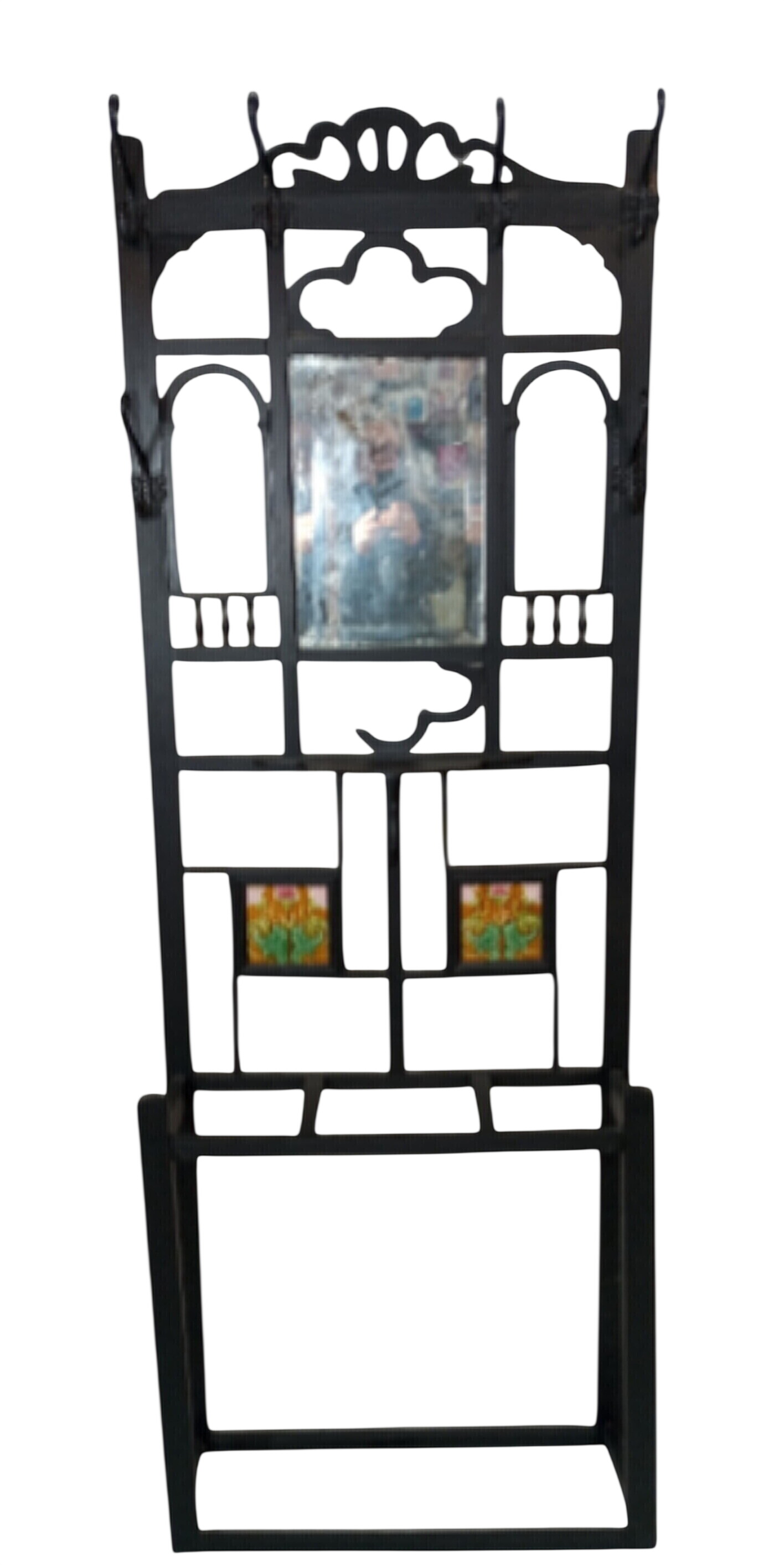 Porte manteau et parapluie 2 carreaux de ciramiqueet miroir bisauté noir structure en bois et 6 pateres État correct - Vue 2 - 