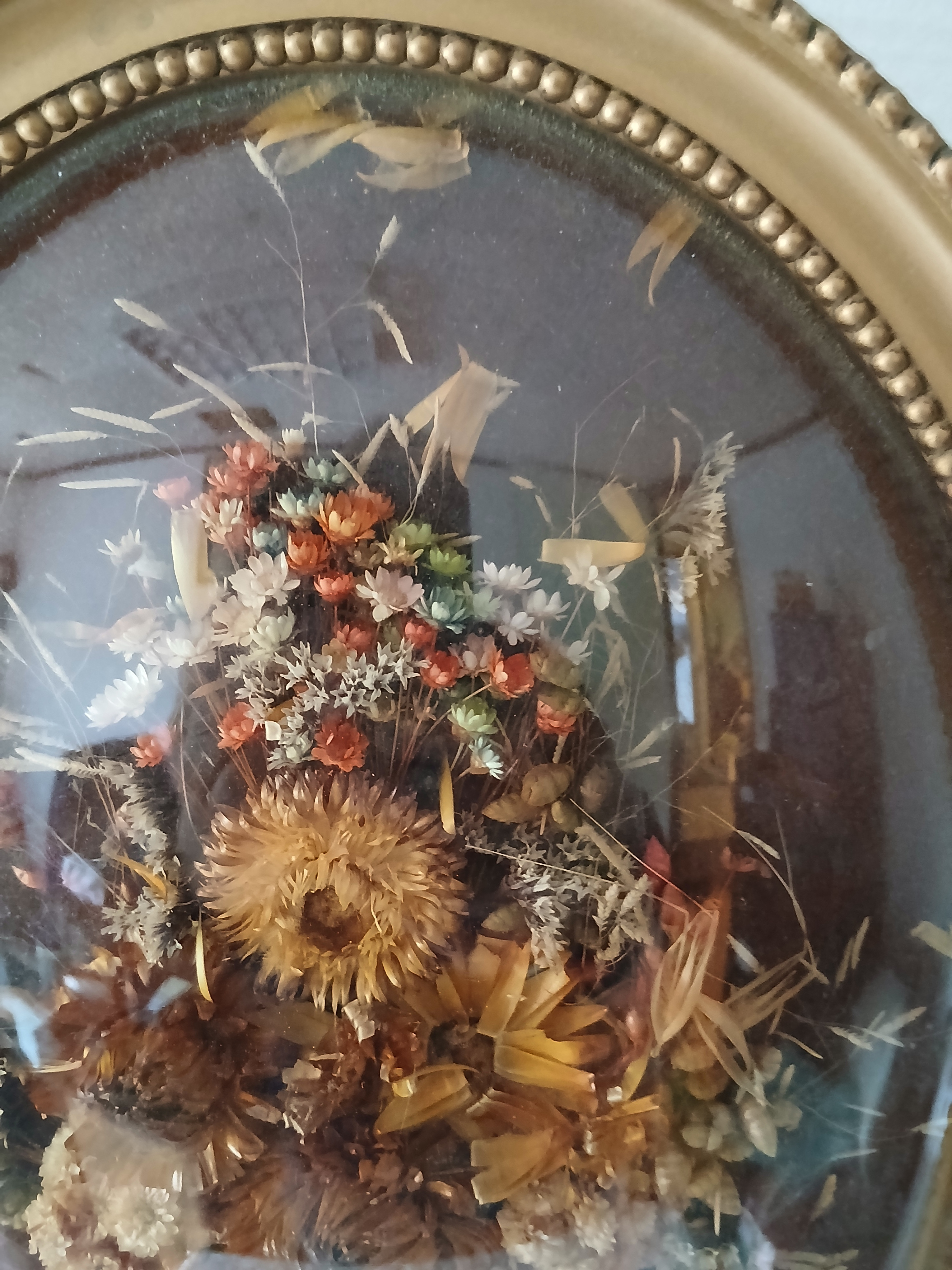 Cadre Photo Ovale Rétro Avec Fleurs Séchées - Verre Et Plastique - Déco Vintage