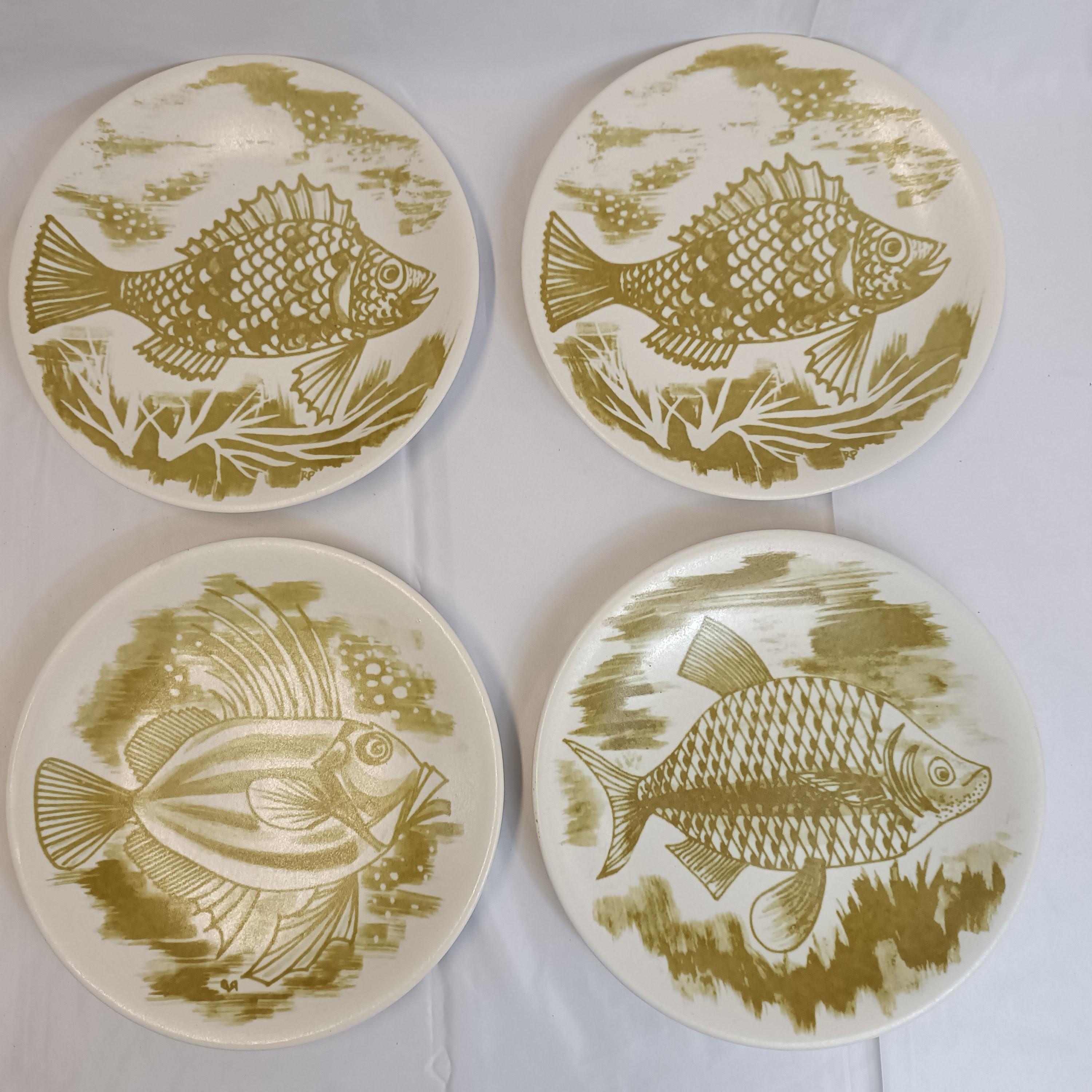 SERVICE À POISSON stylisé 1960 Fond bleu Vallauris 1 plat 12 assiettes L2663 EUR 350,00