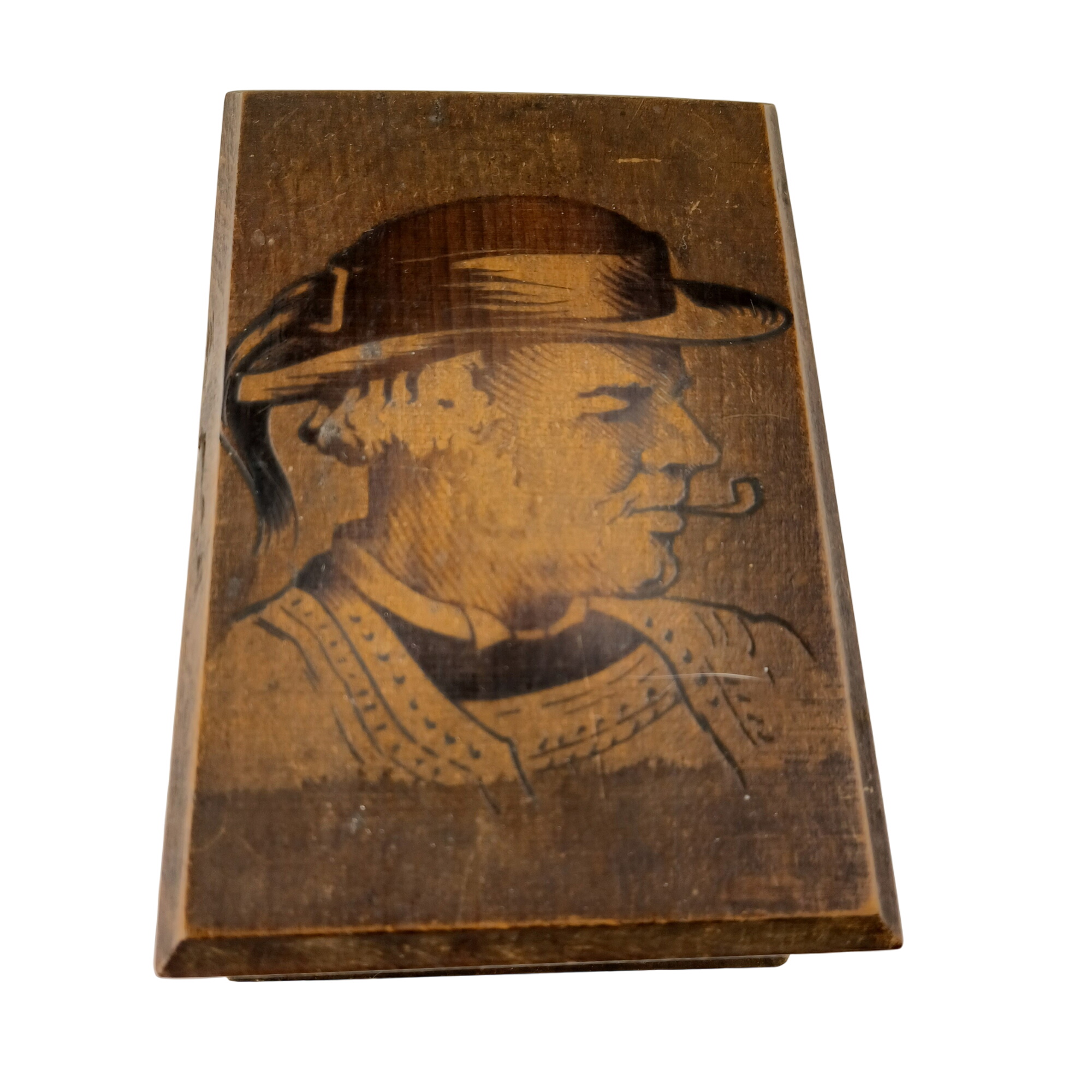 Boîte en bois sombre bretonne avec le visage d'un homme fumant la pipe gravé, de 15x10x7 - Photo 0