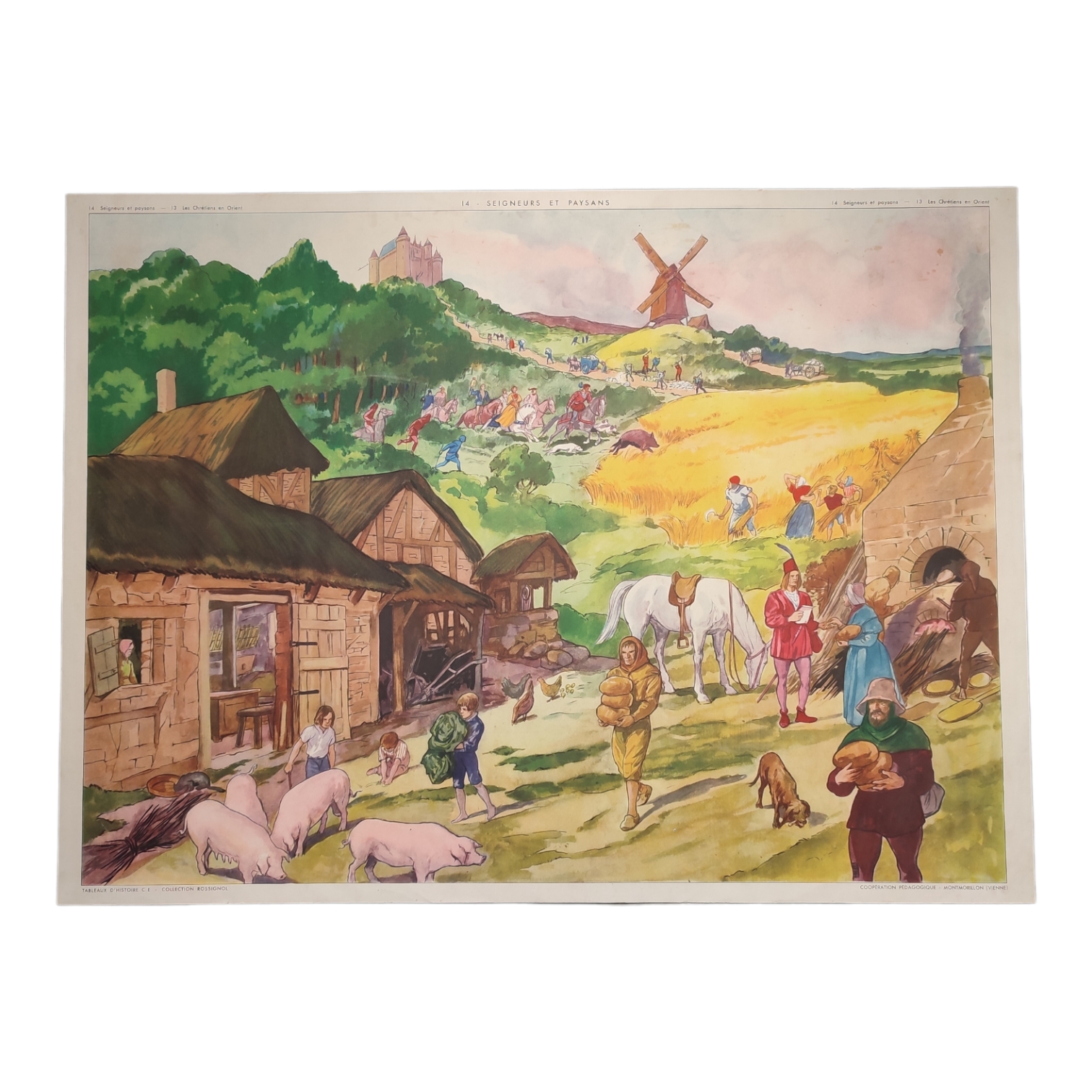 Ancienne affiche pédagogique Rossignol Montmorillon - tableaux d'histoire recto-verso - années 1950 - N°13 Les chrétiens en Orient + N°14 Seigneurs et paysans - Image 2