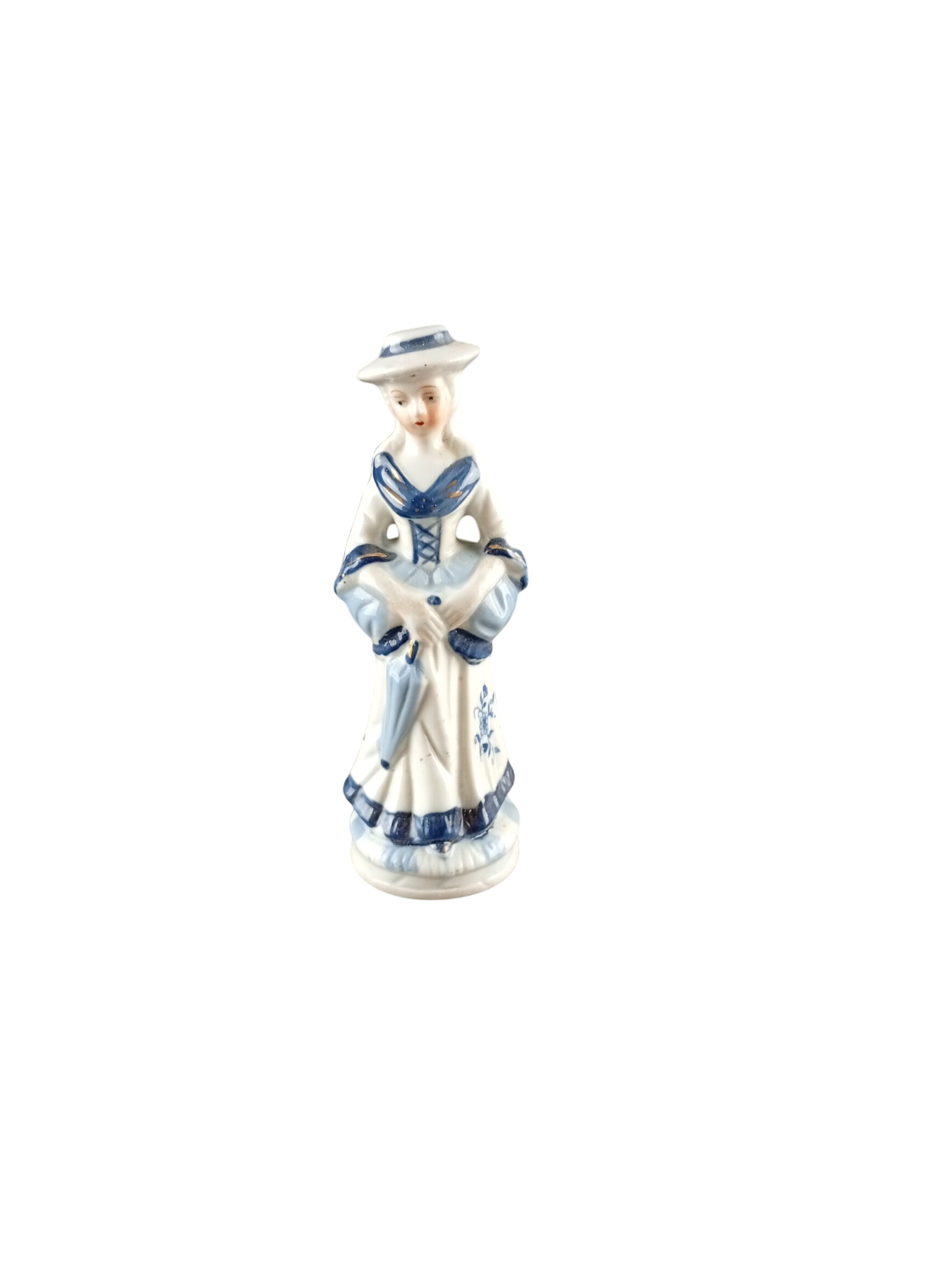 Figurine / bibelot en céramique vintage ancienne d'une femme avec son parapluie en porcelaine - Photo 0