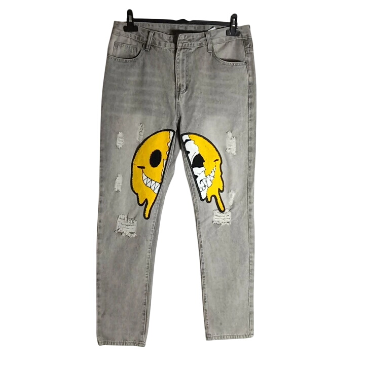 Jean Effet Vieilli Brod De Dessins Anims Pour Garons (grands Enfants) Avec Patch Visage Souriant - taille FR44 - Label Emmaus - Modalova