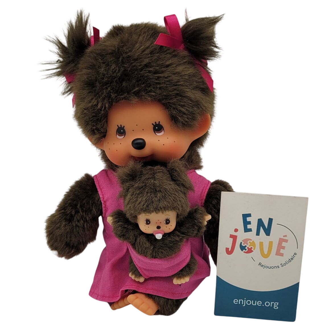 Peluche - Monchhichi Maman et bébé rose 20 cm - Sekiguchi - À partir de 3 ans. Très bon état -  reconditionné disponible sur Label Emmaüs