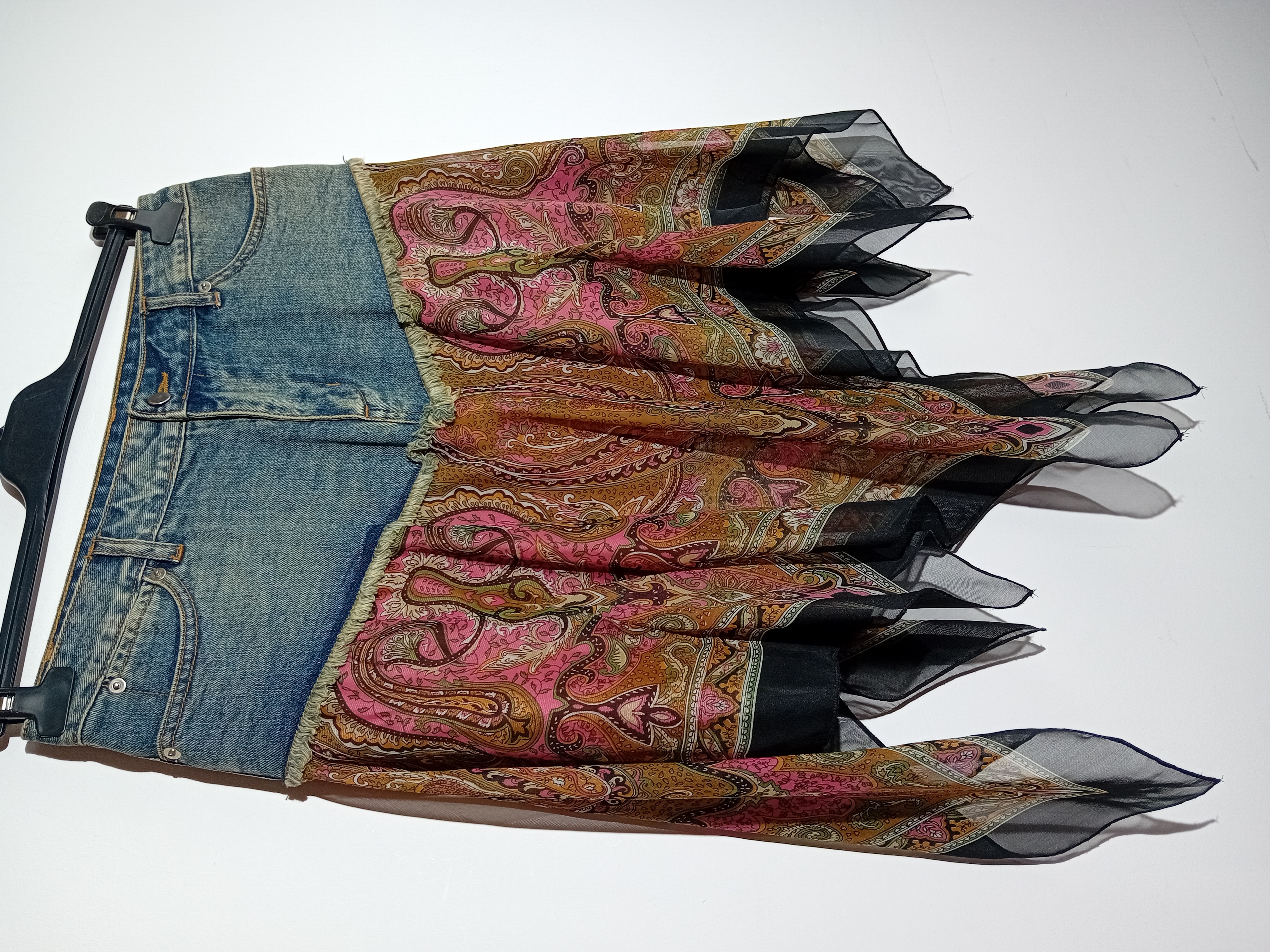 Jupe Topstudio En Jean Délavé Et Voile Imprimé Cachemire M (T4981) Très bon état - Vue 4 - 