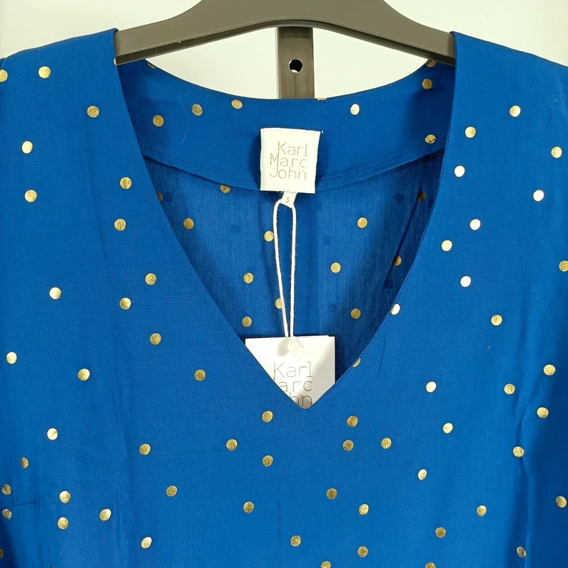 Blouse bleue à pois dorés Karl Marc John col V fluide élégante taille S Comme neuf - Vue 6 - 