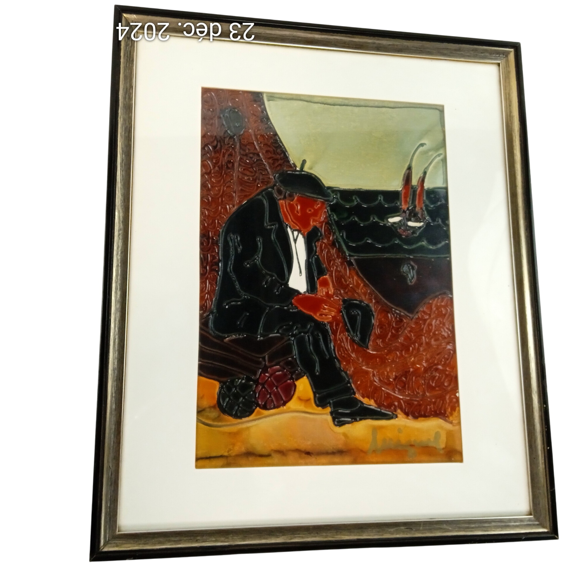 Tableau métal La Pêche relief signée 42x35 cm - Bon état sur Label Emmaüs