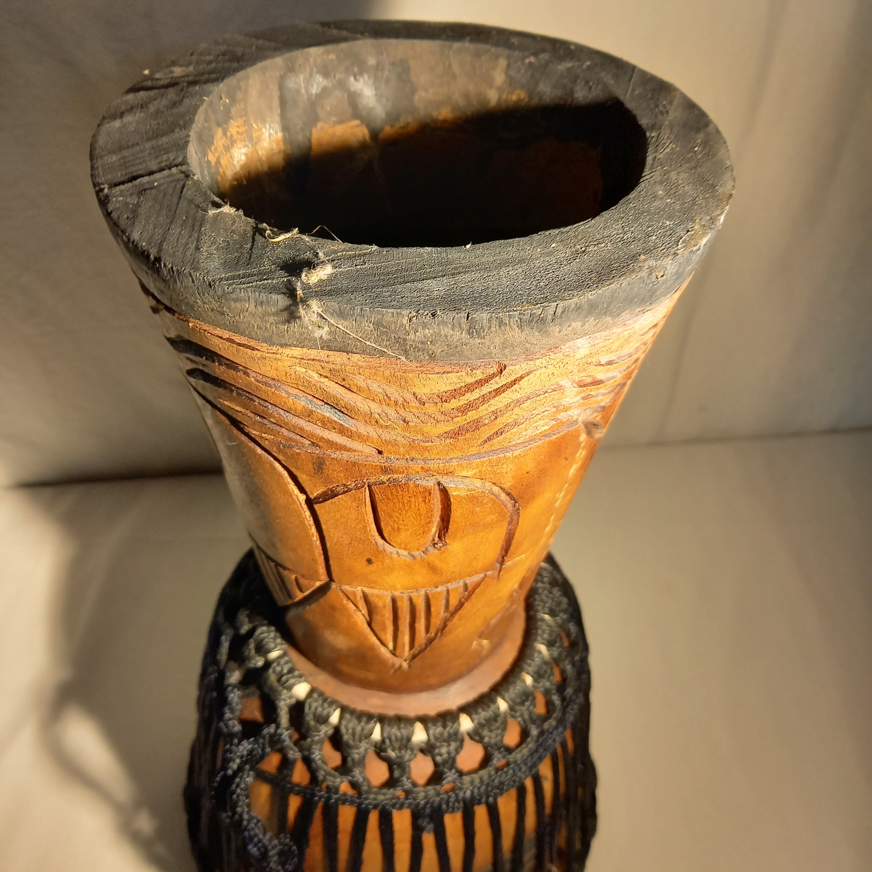 Tam tam africain en bois & tissu - Photo 5