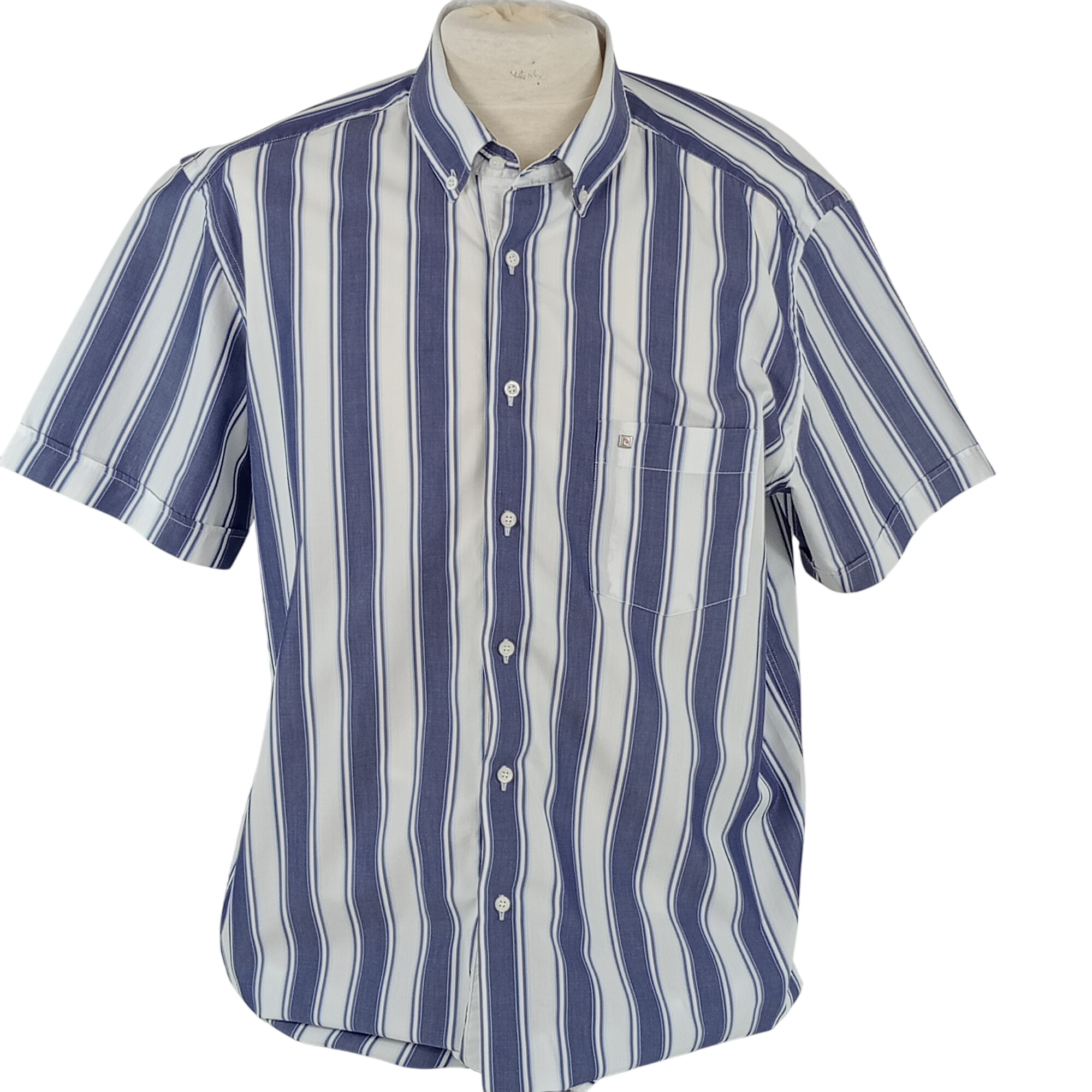 Chemise homme à rayures de la marque Pierre Cardin col classique manches courtes de couleur bleu marine taille XL (44) - Photo 0
