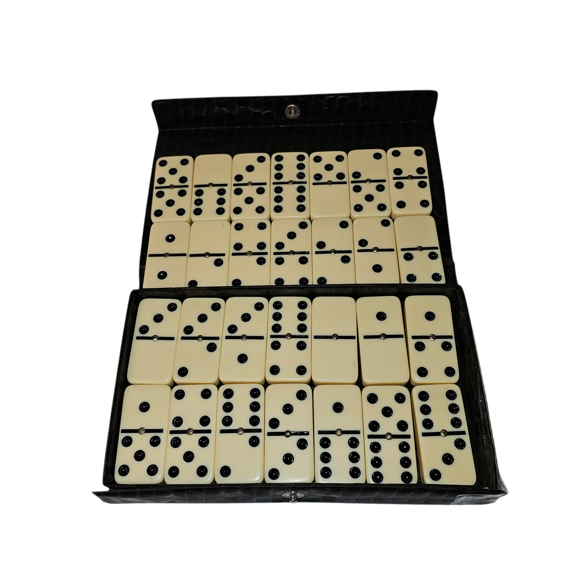 Voir photo 2 de Jeu complet de 28 dominos de luxe années 90's. Jeu complet de 28 dominos de luxe années 90's. - Vue 2 -