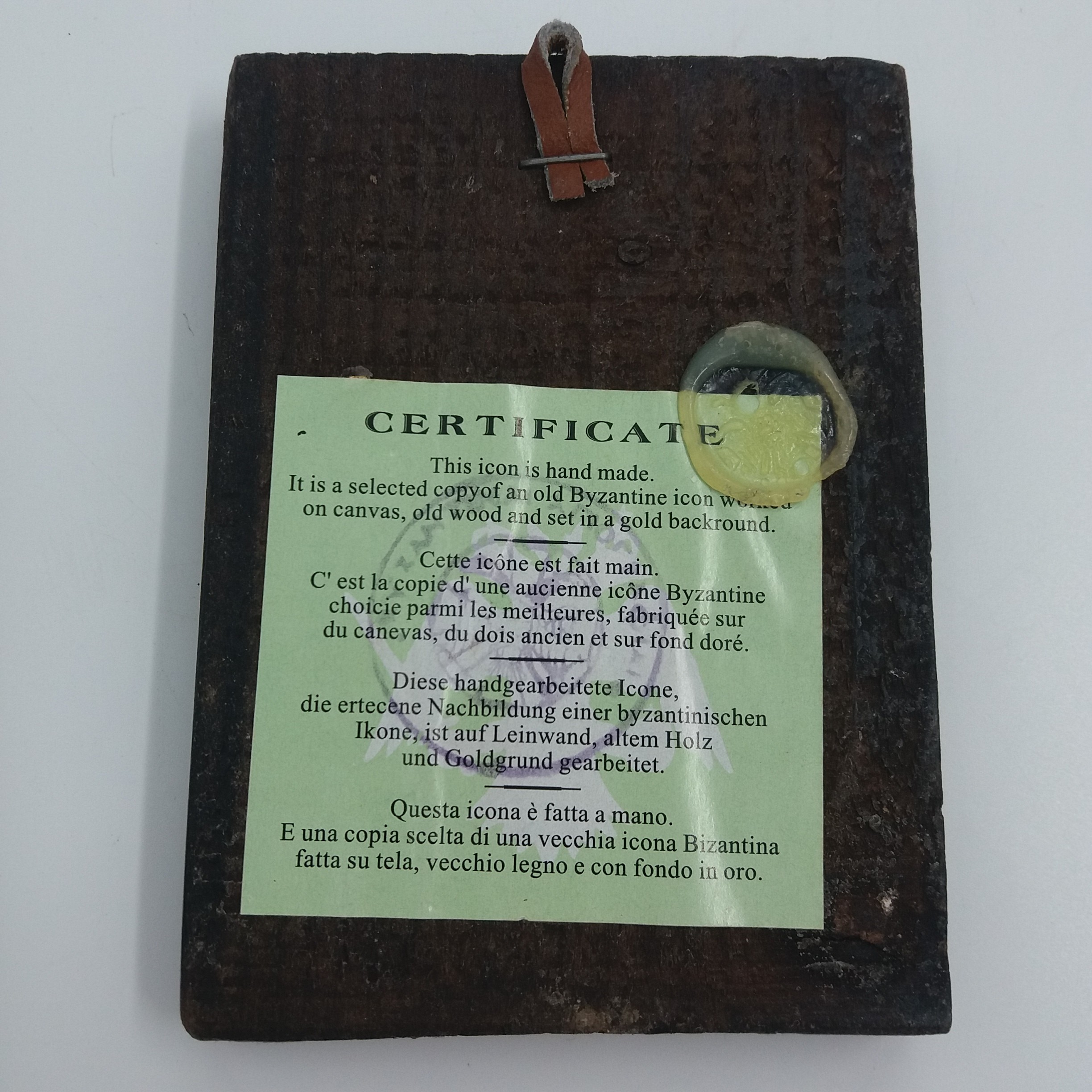 Icône Byzantine grecque orthodoxe. Faite à la main. Support bois. Certificat d’authenticité au dos. - Photo 2